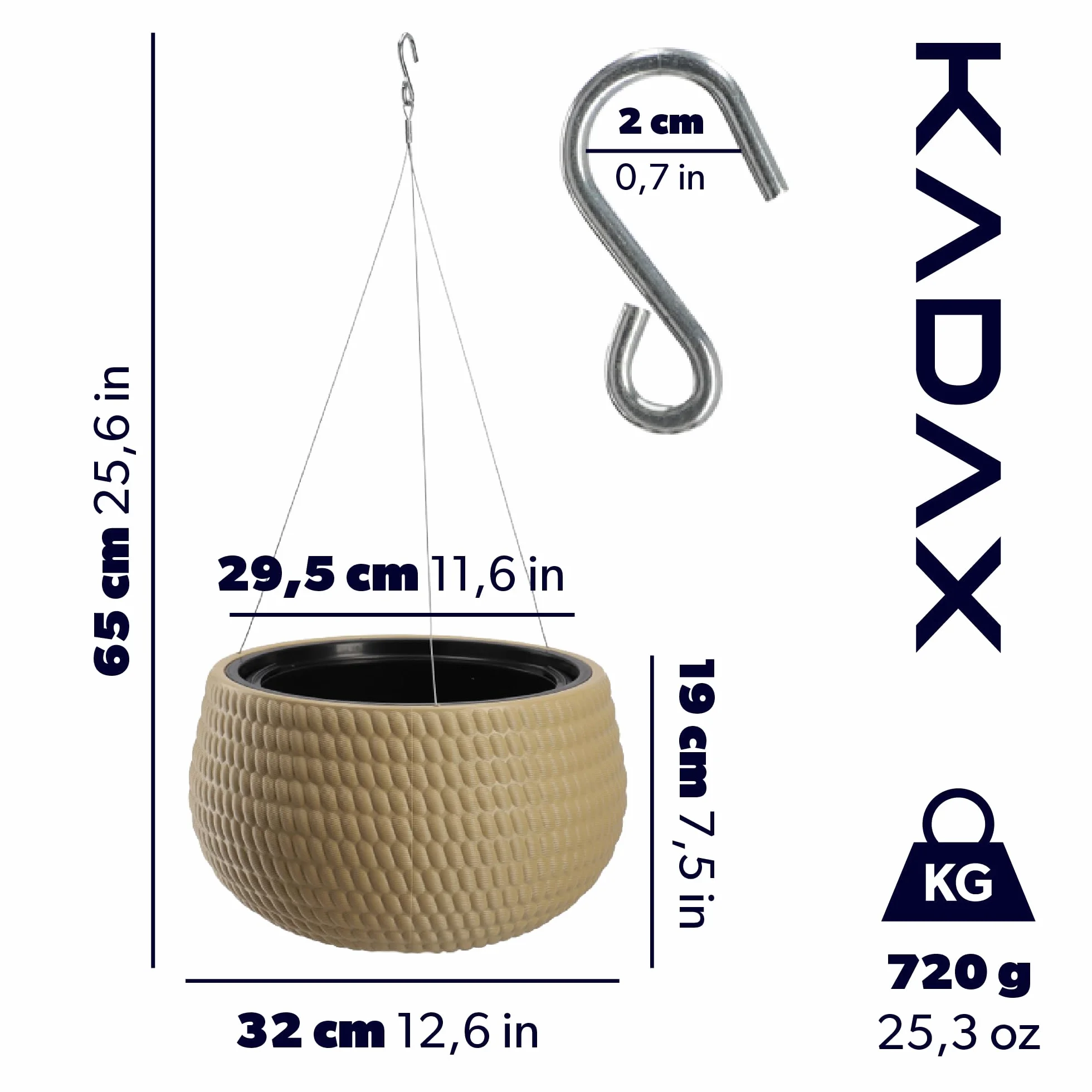 KADAX Pot Suspendu 32 cm Beige avec Chaîne et Crochet pour Plantes Grimpantes