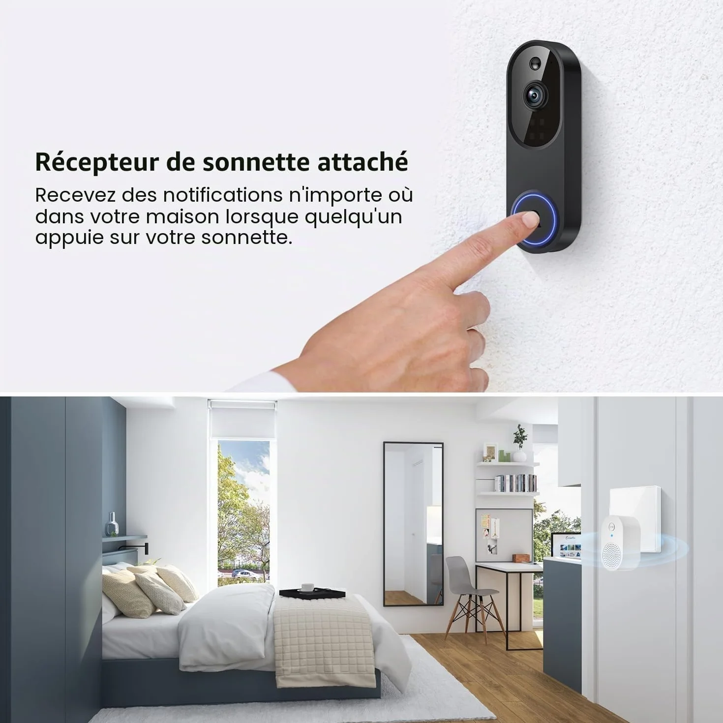 Caméra Sonnette Vidéo WiFi 1080P Sans Fil, Détection Humaine IA, Conversation Bidirectionnelle, Wi-Fi 2,4G, Alimentée par Batterie, Stockage Cloud, Surveillance Intérieure Extérieure (Avec
