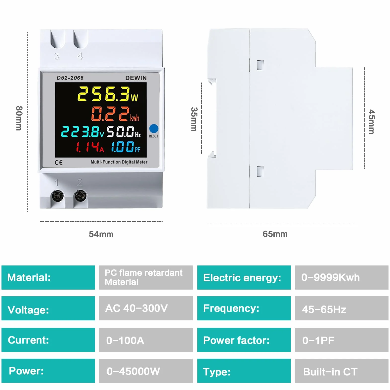 Compteur d'énergie sur rail DIN, 40-300 V CA, 100 A, wattmètre 6 en 1, compteur d'énergie numérique LCD, ampèremètre monophasé