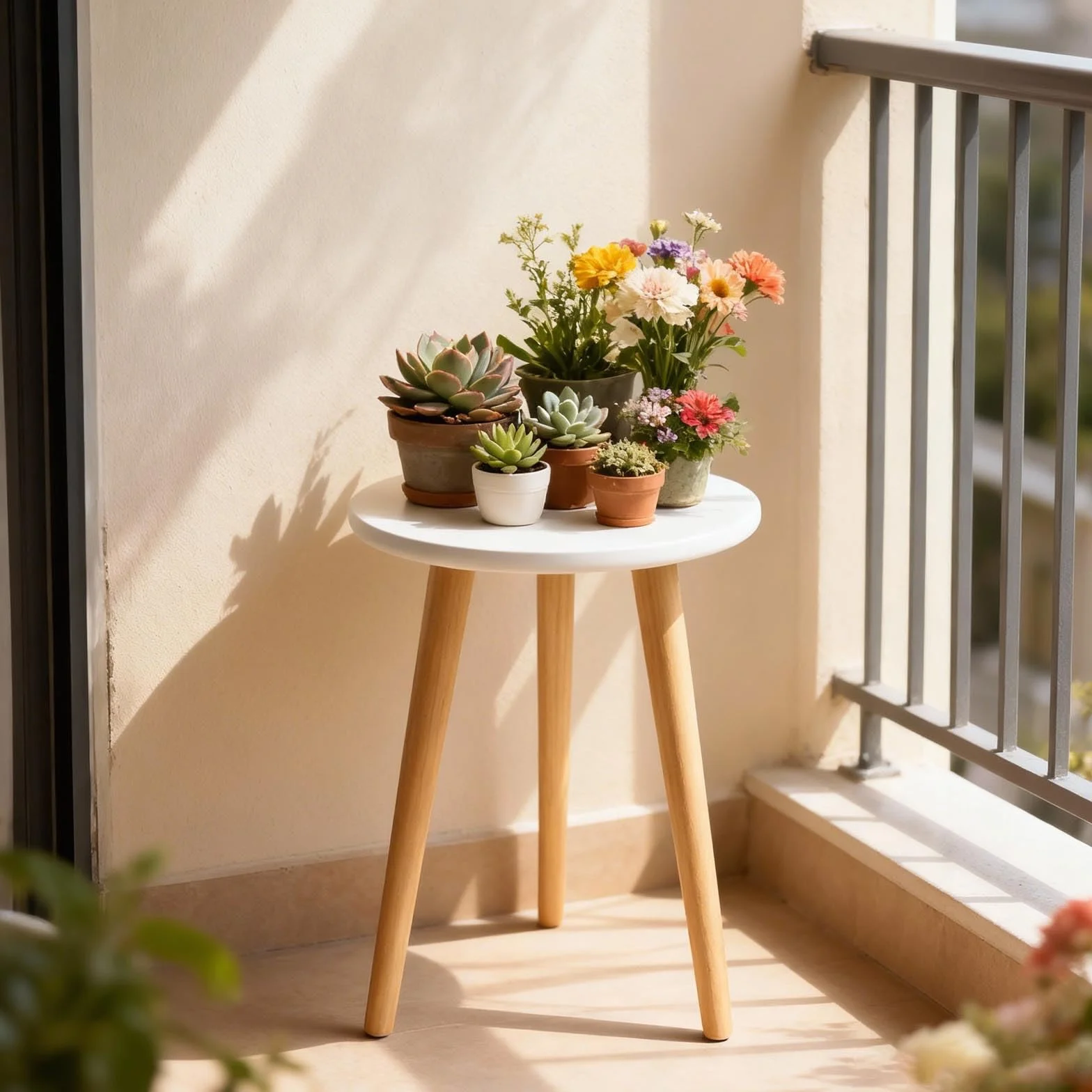 Support de Plantes en Bois Blanc Tabouret Rond pour Pots de Fleurs 42x28cm