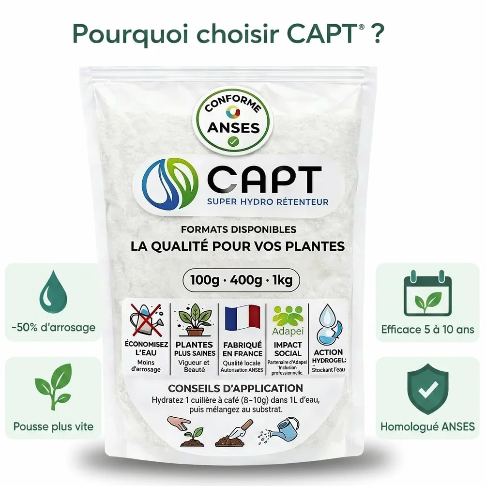 CAPT® Hydro-Rétenteur d'Eau pour Plantes - Billes Réserve d'Eau, Arrosage Automatique Vacances (400g) - Gel Rétention d'Eau, Fabrication Française Homologuée ANSES