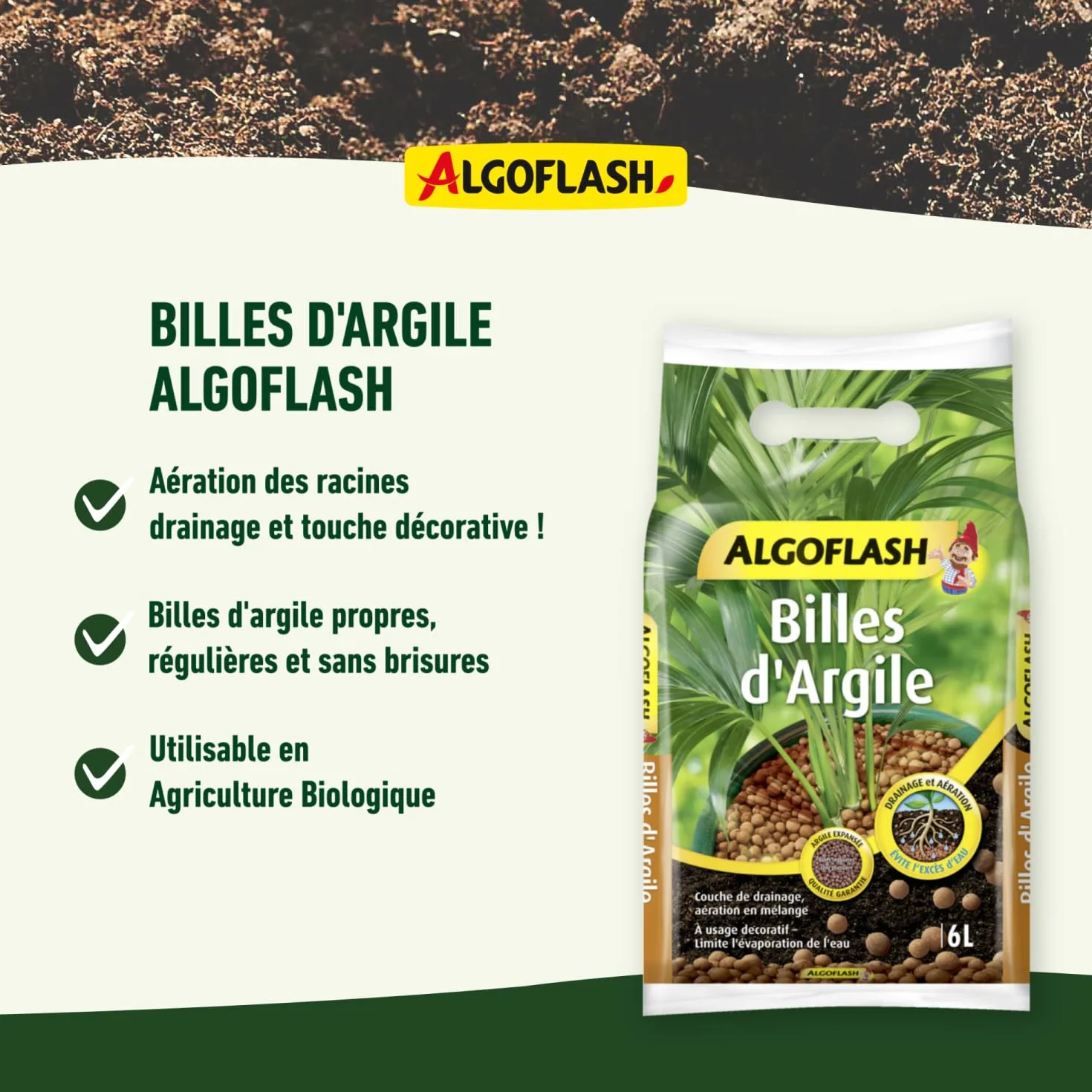 ALGOFLASH Billes d'Argile 6 L Marron Limite l'évaporation d'eau