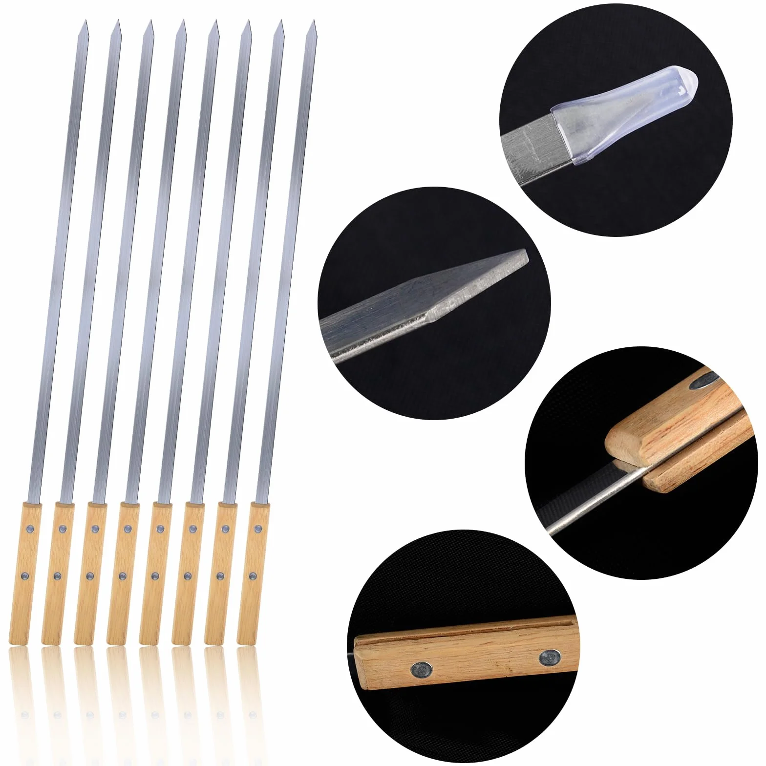 Brochettes Barbecue Inox 55cm avec Poignées Bois Hêtre, Accessoire Kebab
