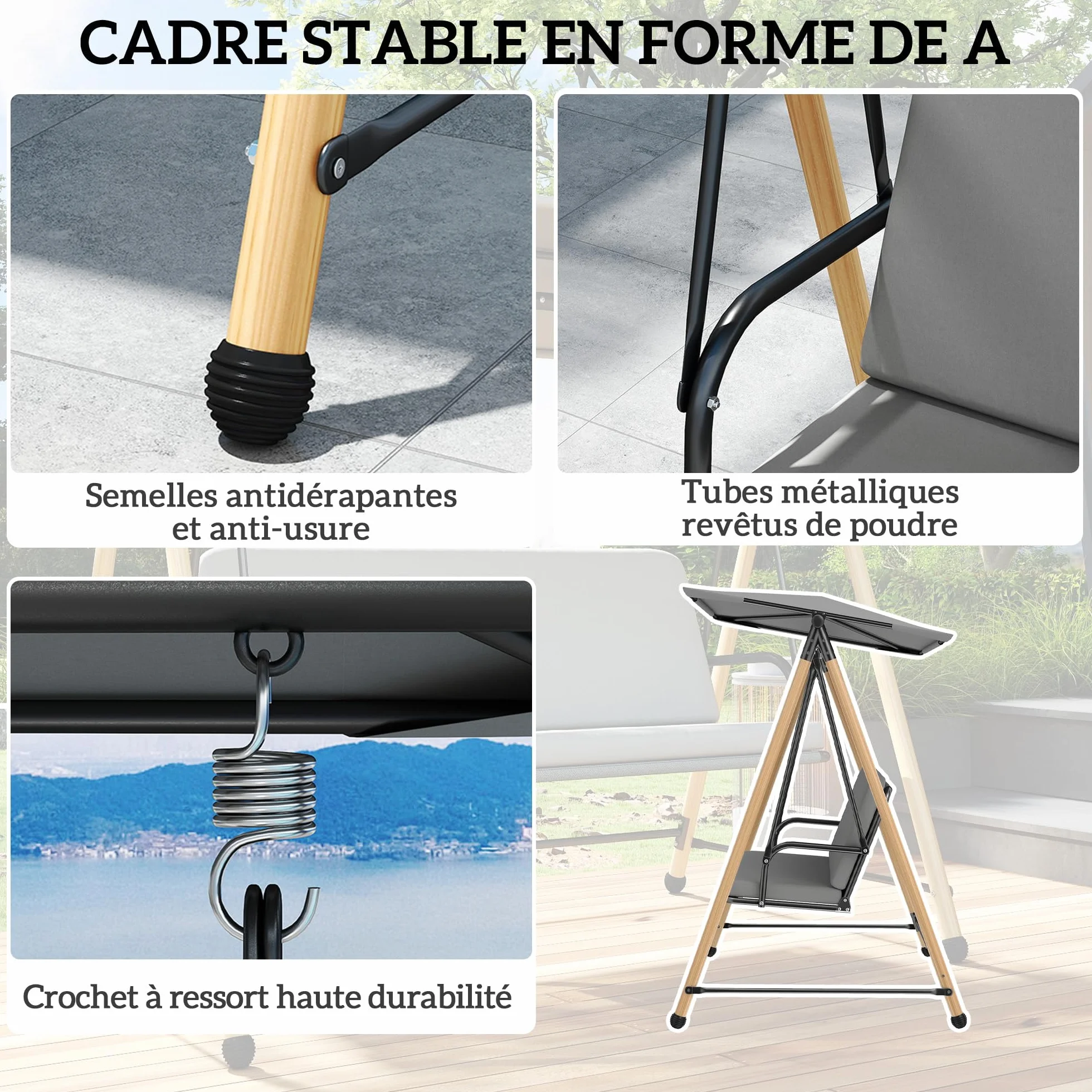 Outsunny Balancelle de Jardin 3 Places, Balançoire Extérieure Toit Réglable, Cadre Acier 360 kg 208x125x180 cm Gris