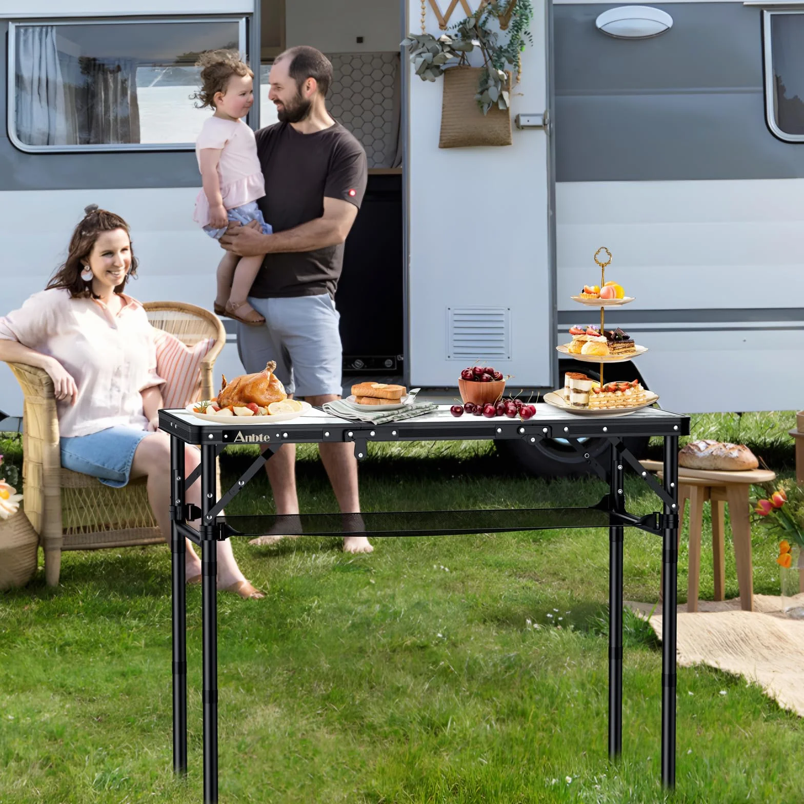 Anbte Table de Camping Pliante 4 Hauteurs Ajustables Portable avec Rangement Net