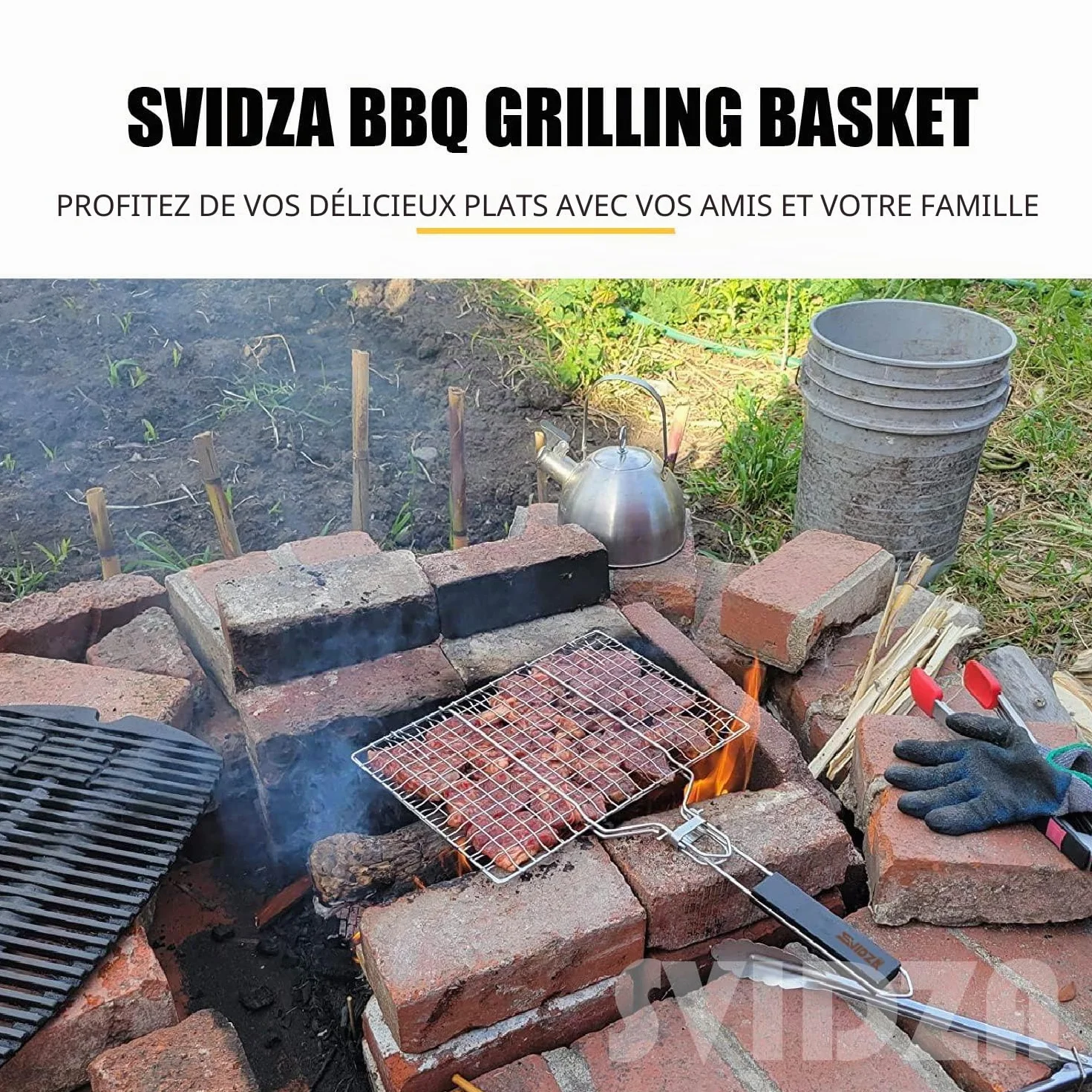 Panier Grille Barbecue en Acier Inoxydable 304 Pliable Portable Résistant avec Poignée Amovible