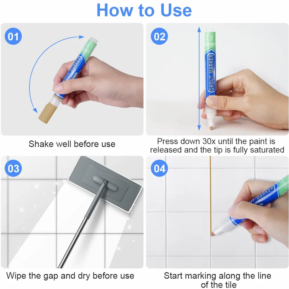 Flintronic Stylo Joint Carrelage, 6PCS Stylo de Carrelage à Coulis, Imperméable Marqueur Joints, Rénovateur de Coulis pour Salle de Bain, Cuisine, Carrelage, Sol