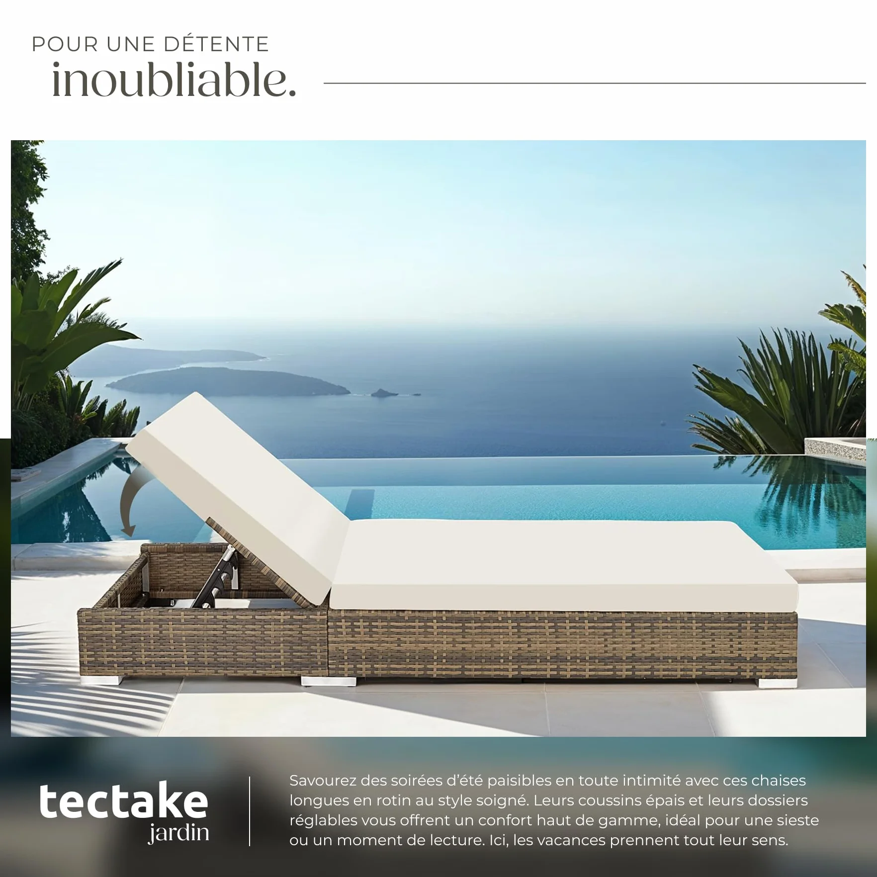 Tectake Set de 2x Chaise Longue Bain de Soleil avec Dossier réglable + Table de Jardin Aluminium Resine Tressee + Housses - Marron Naturel