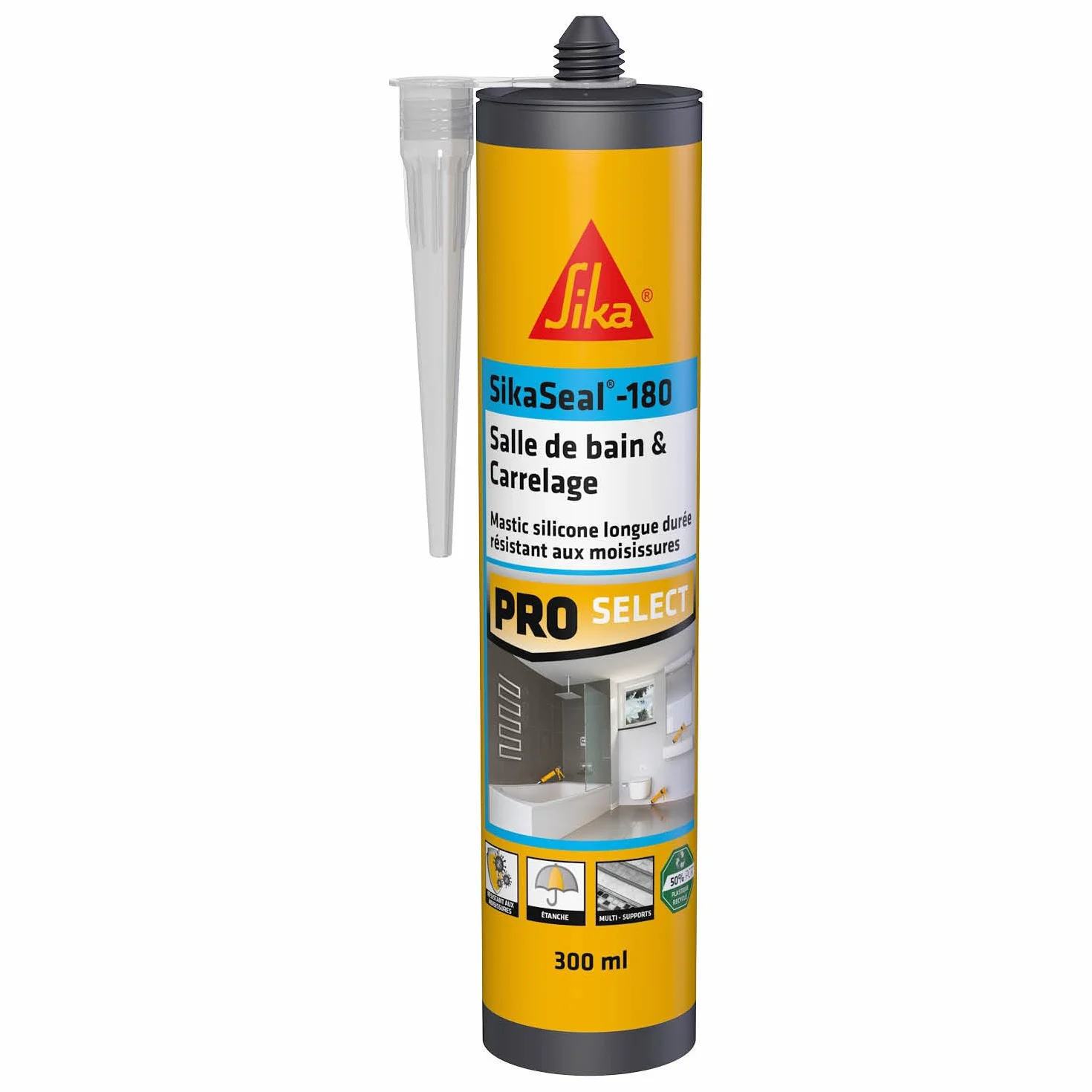 SIKA - Mastic silicone sanitaire - SikaSeal-180 Salle de Bain & Carrelage blanc - Réalisation de joints - Spécial pièce humide - Longue durée - 300 ml