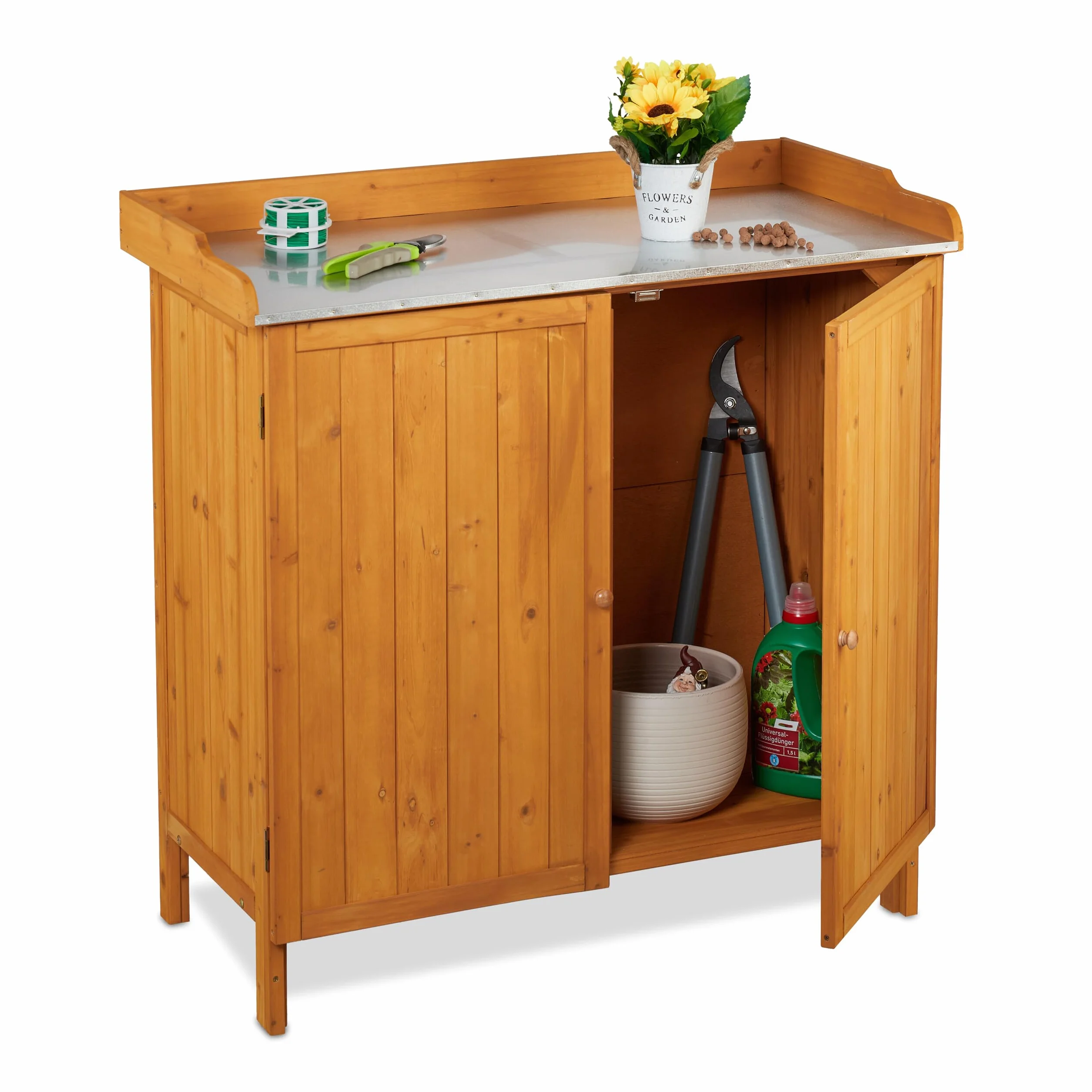 Relaxdays Armoire de Jardin Table à Plantes avec Rangement Bois 94 x 94 x 47 cm Orange