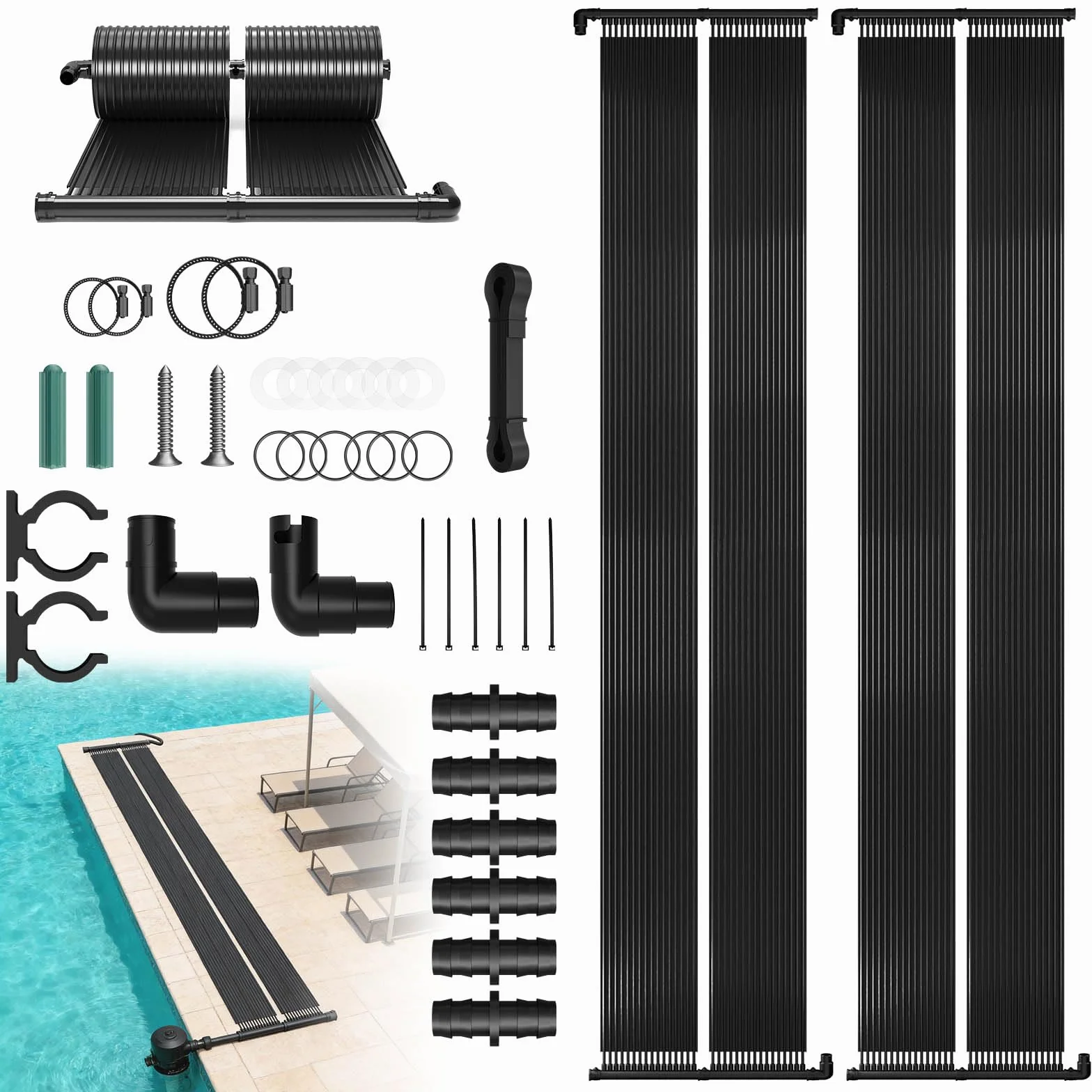 Ensemble de chauffage solaire pour piscine 500x140 cm, absorbeur solaire modulaire avec colliers et raccords