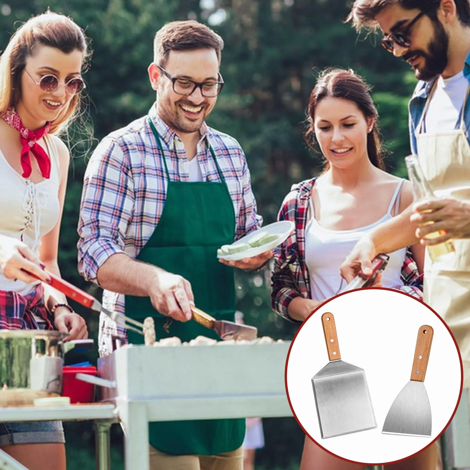 Spatule Plancha Inox avec Manche en Bois pour Barbecue Smash Burger BBQ Ustensile de Cuisine - 2 Pièces
