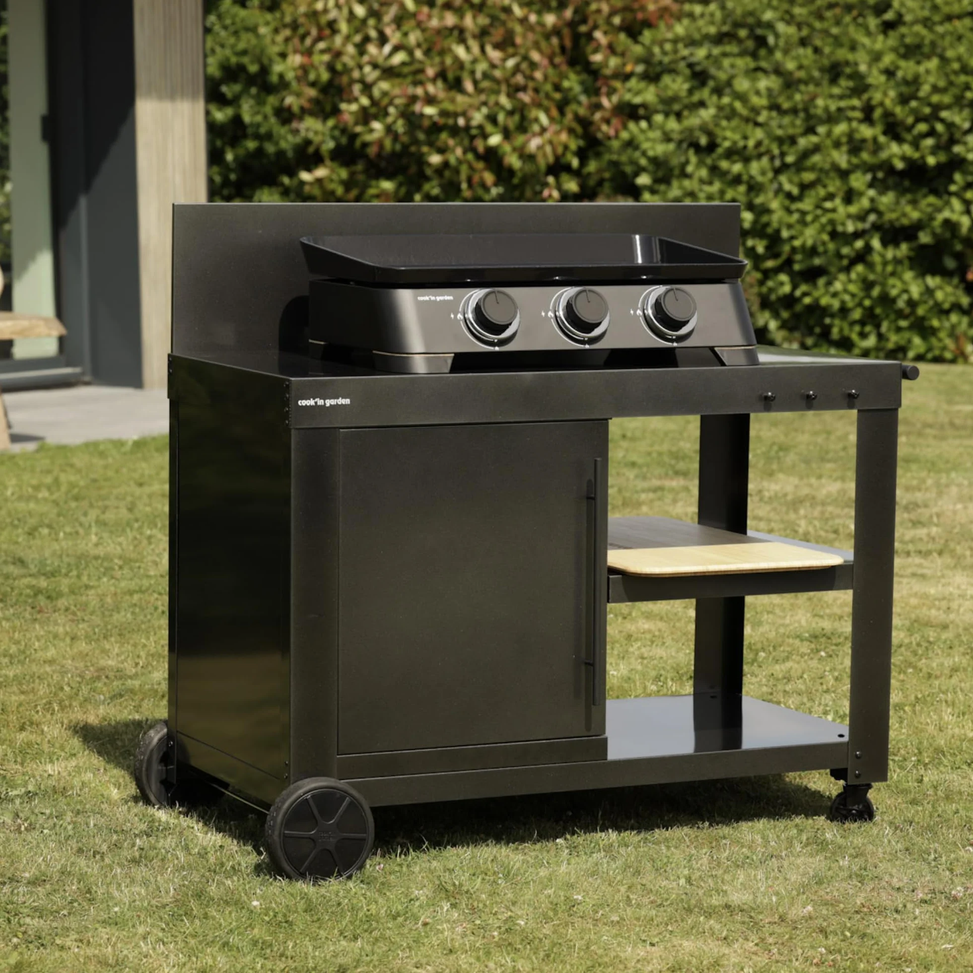 Cook'in Garden Desserte Nova 110 Premium Chariot de Jardin avec Plan de Travail, Meuble sur Roulettes pour Plancha ou Barbecue, Noir