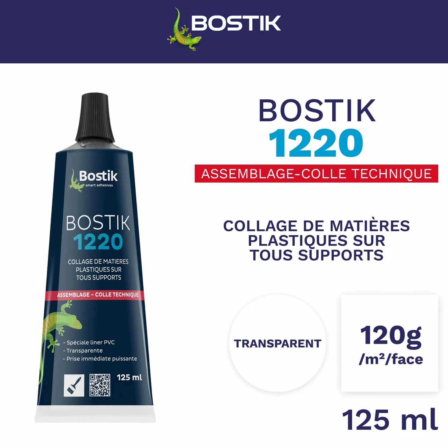 Bostik - Colle Contact Nitrile Liquide 1220 - Multi-Usages - Idéale Pour Liner PVC - Transparente - Tube de 125 ml
