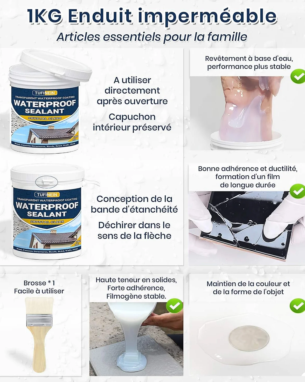 Liquide Étanchéité Transparent 1KG, TUFINEIN Agent de Revetement Impermeable Transparent Intérieure et Extérieure Membrane d'Étanchéité Waterstop Imperméable Transparente