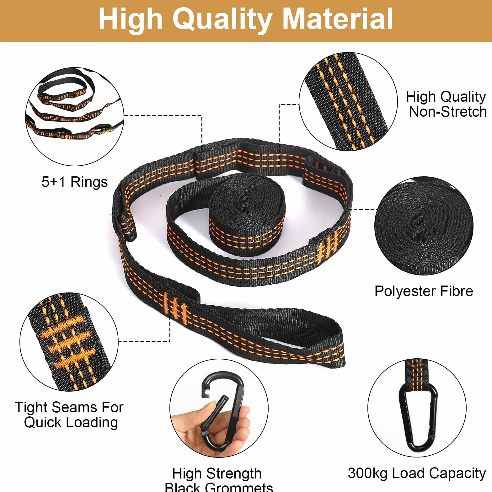 Sangle Hamac 2 M x 2,5 Cm avec Mousquetons pour Suspension Camping Extérieur