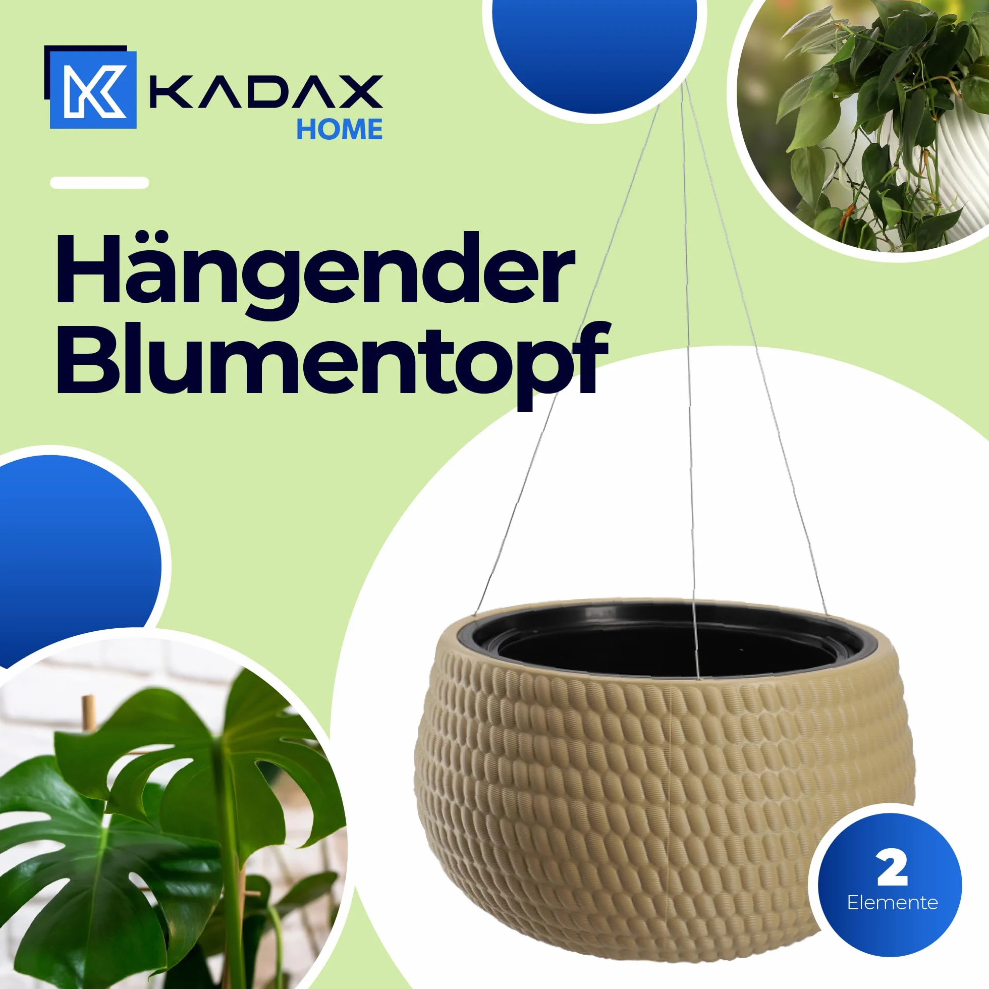 KADAX Pot Suspendu 32 cm Beige avec Chaîne et Crochet pour Plantes Grimpantes