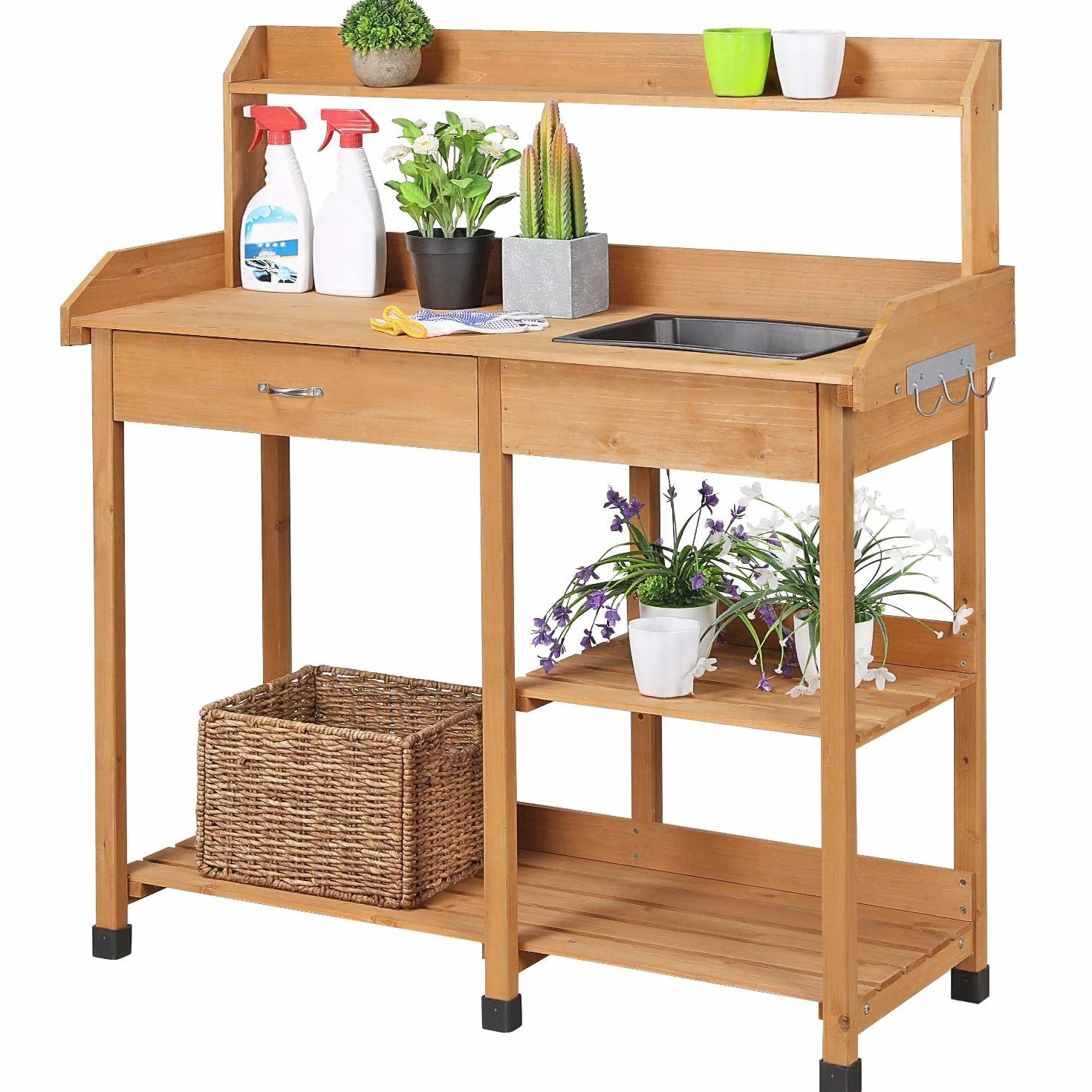 Table de Rempotage en Bois avec Évier Amovible et Rangement pour Jardinier