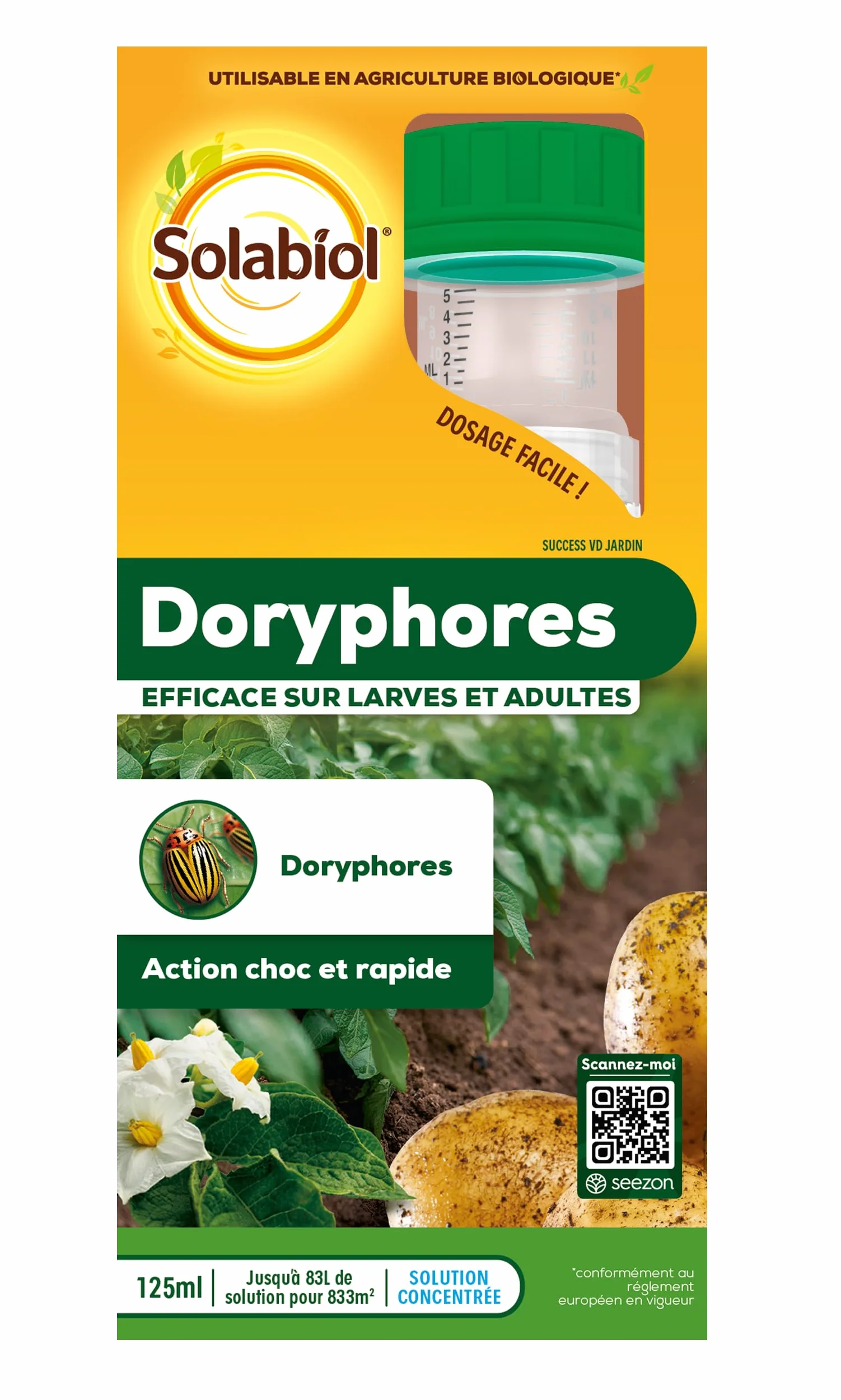 SOLABIOL Anti Doryphores 125ml Concentré Surface Traitée 833m² Bidon Auto Doseur Action Choc Utilisable en Agriculture Biologique