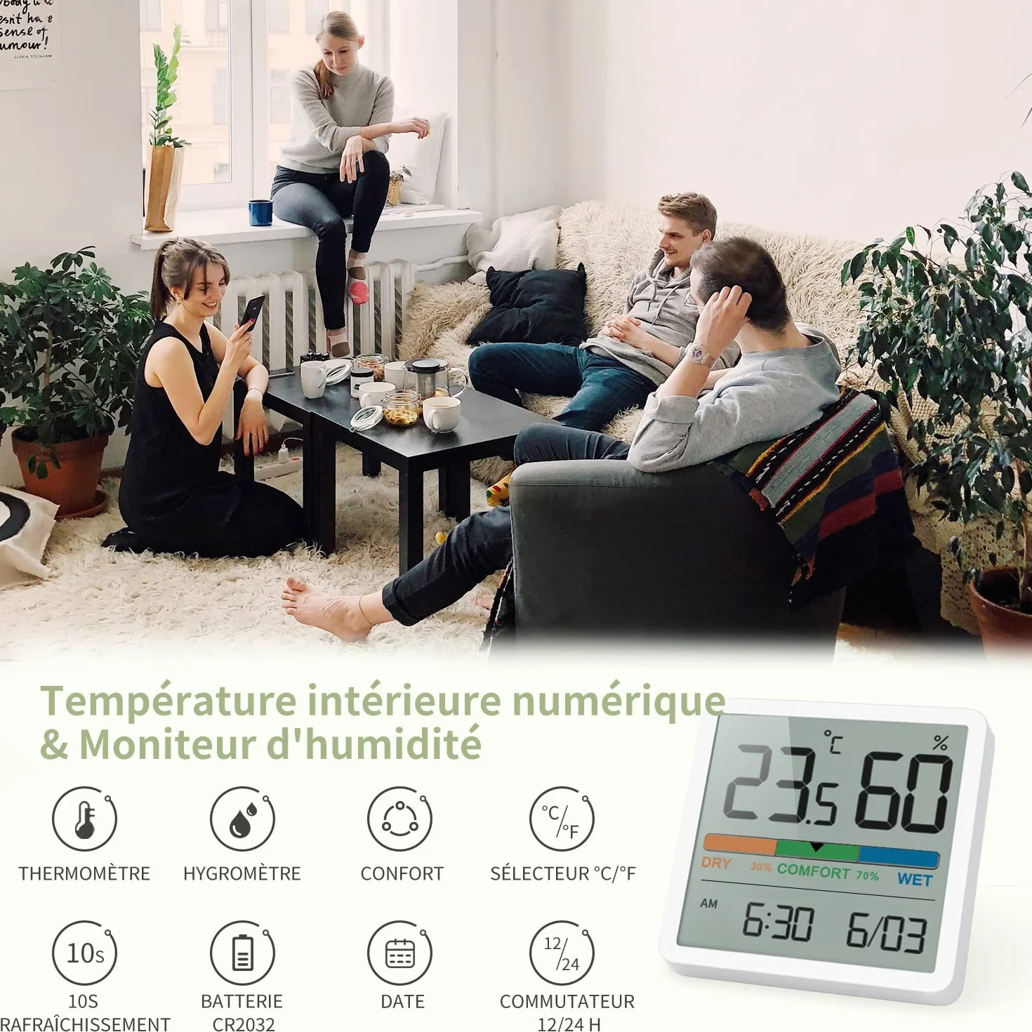 NOKLEAD Hygromètre Thermomètre d'intérieur numérique avec moniteur température humidité précise Blanc 7cm