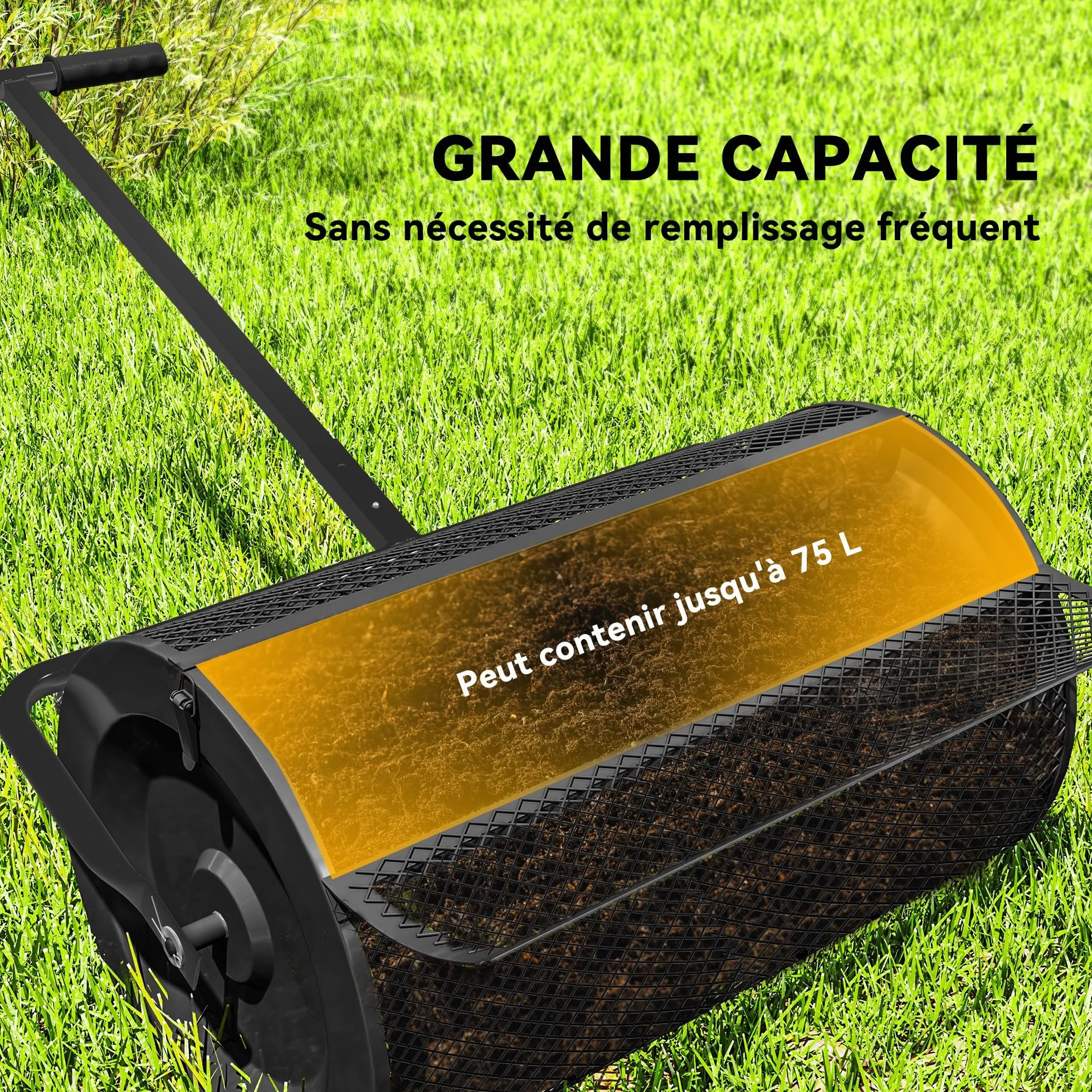 Outsunny Épandeur à Compost 75 L, épandeur de Gazon avec poignée en T réglable, Noir