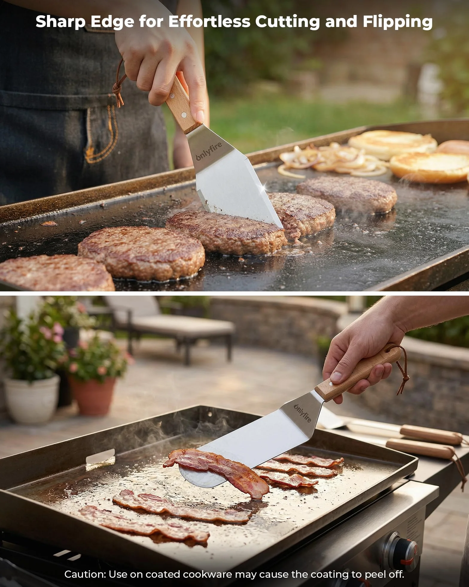 Onlyfire 4 Pièces Ustensiles Plancha Acier Inoxydable Spatule Poids Barbecue Fonte Poignée Bois Professionnel BBQ Kit Teppanyaki
