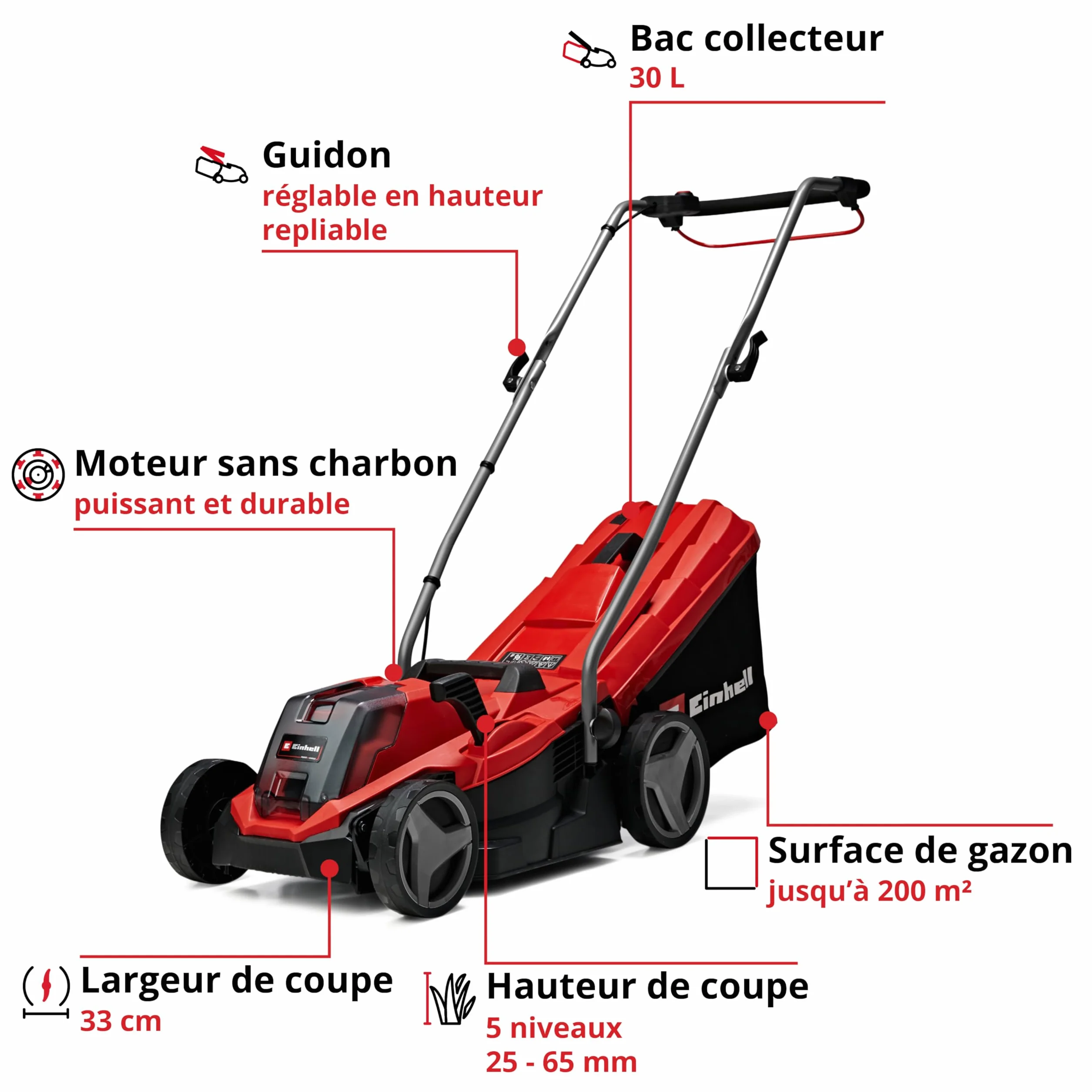 Einhell Tondeuse à Gazon sans Fil GE-CM 18/33 Li Kit Power X-Change 18V Largeur de Coupe 33cm Surface 200 m² Batterie 4,0 Ah