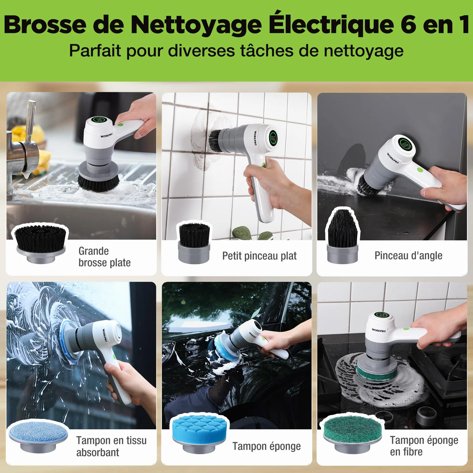 WORKPRO Brosse de Nettoyage Rotative avec 6 Brosses, Brosse sans Fil 8V, 3 Vitesses Réglables (200/350 / 500 TR/Min), IPX6, Électrique Rechargeable pour Salle de Bain, Cuisine et Fenêtres