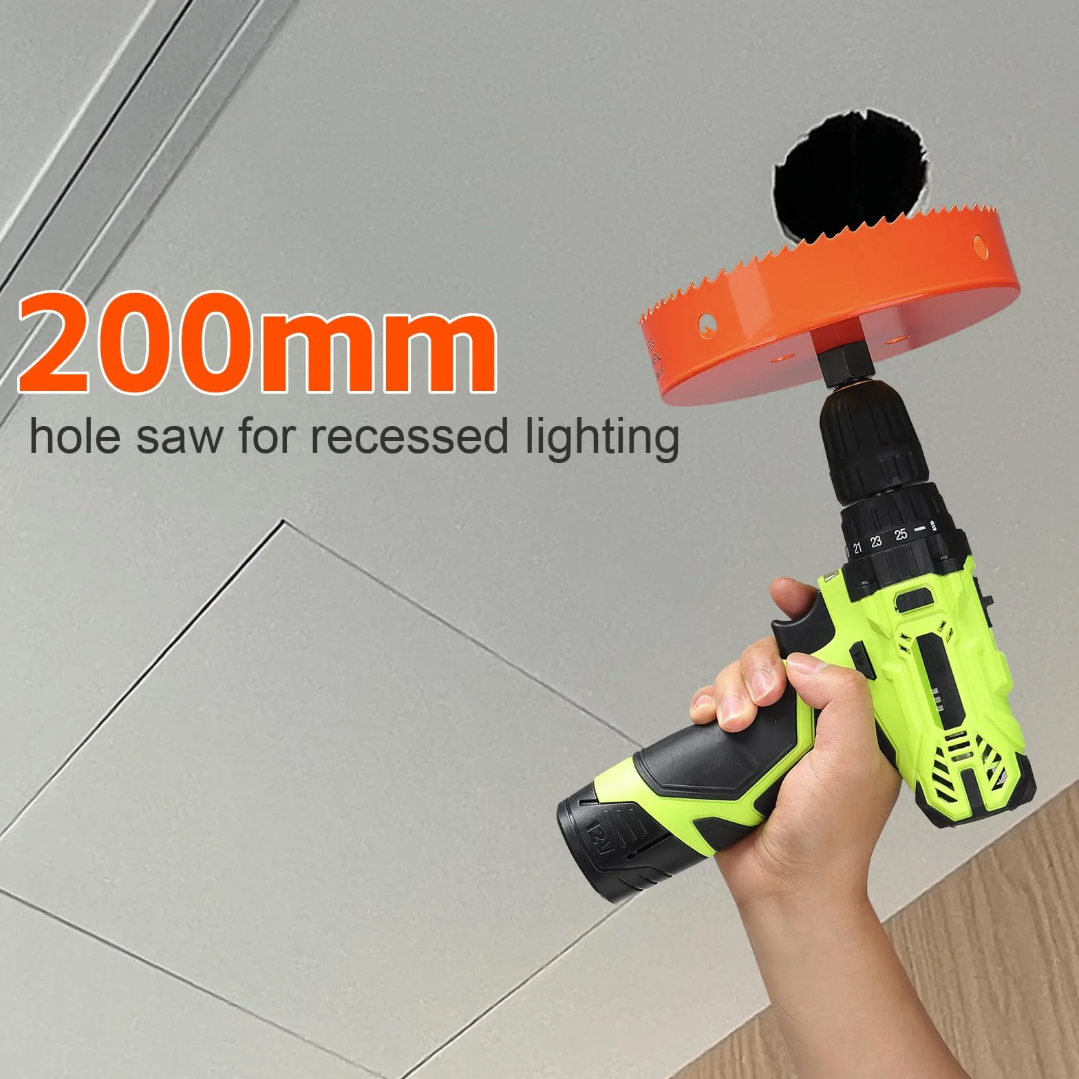 Scie cloche - 200 mm - Orange - Acier rapide HSS M42 bi-métal - Scie cloche avec tige hexagonale et foret avec profondeur de coupe de 35 mm - Pour bois, construction sèche et tôle métallique