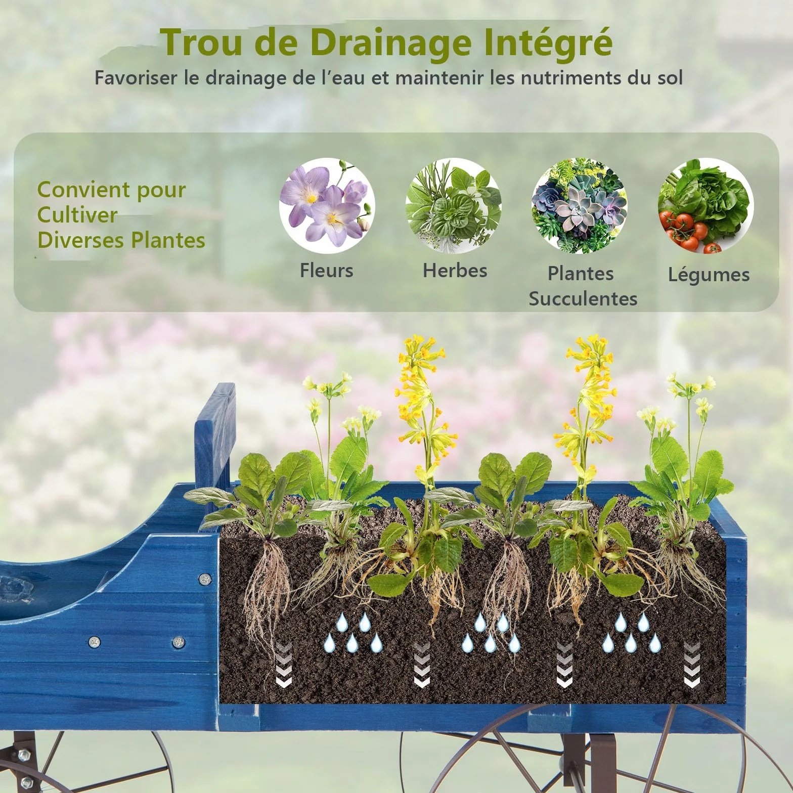 Jardinière Forme Brouette GOPLUS en Bois avec Roues Métal 4 Roues 2 Bacs Plantation 15kg 35x62,5x60cm Bleu