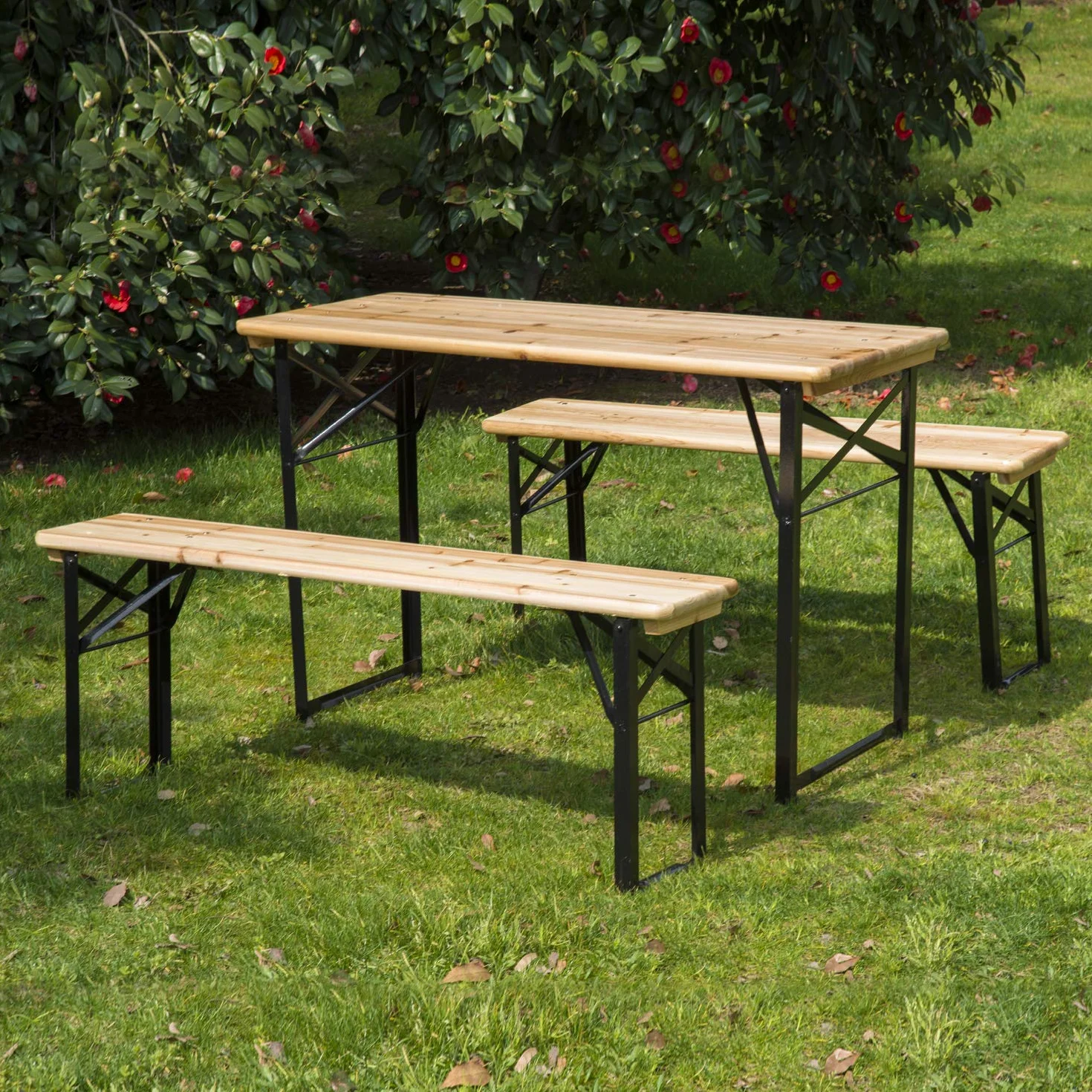 Outsunny Table de Camping Pique-Nique Pliable avec 2 Bancs Métal Époxy Noir