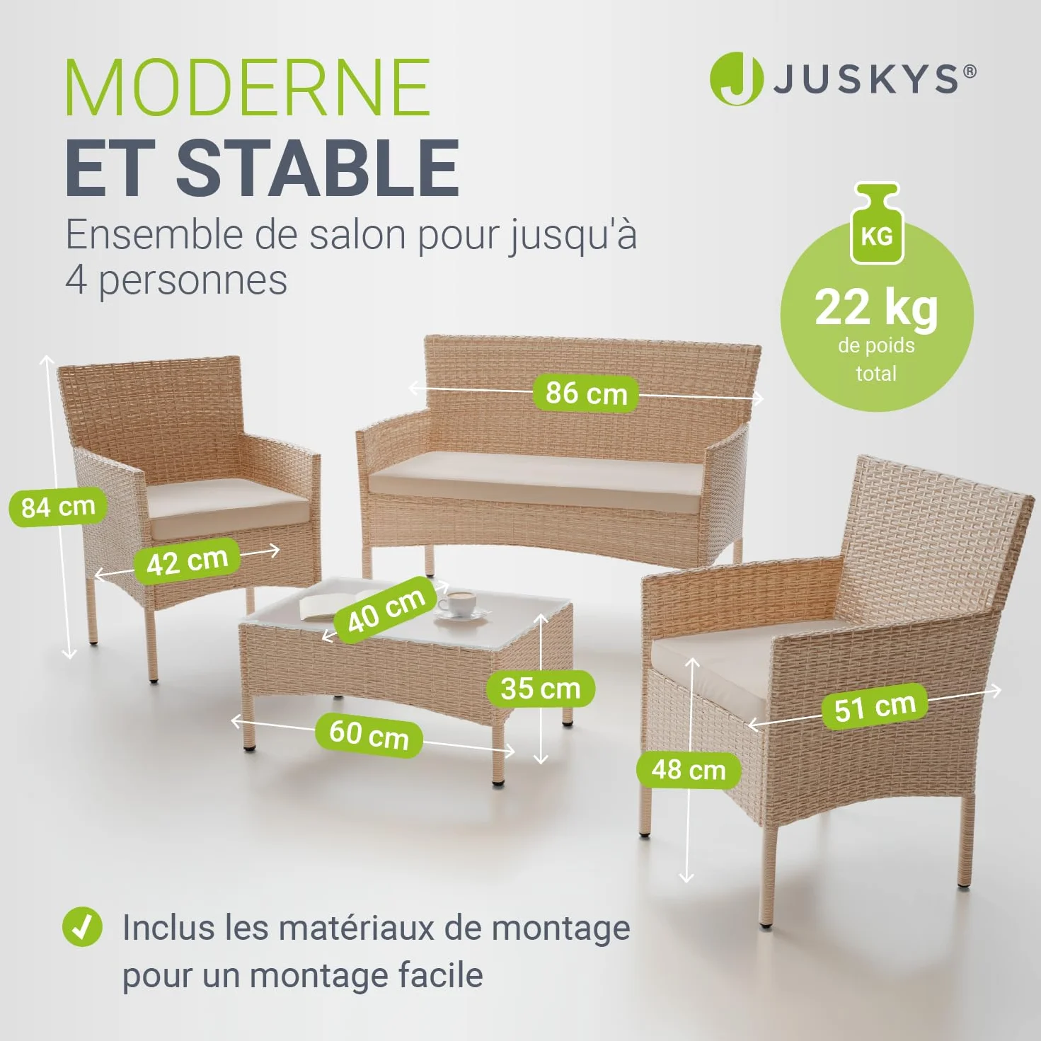 Juskys Salon de Jardin Fort Myers 4 Places résine tressée canapé 2 Places 2 fauteuils table coussins