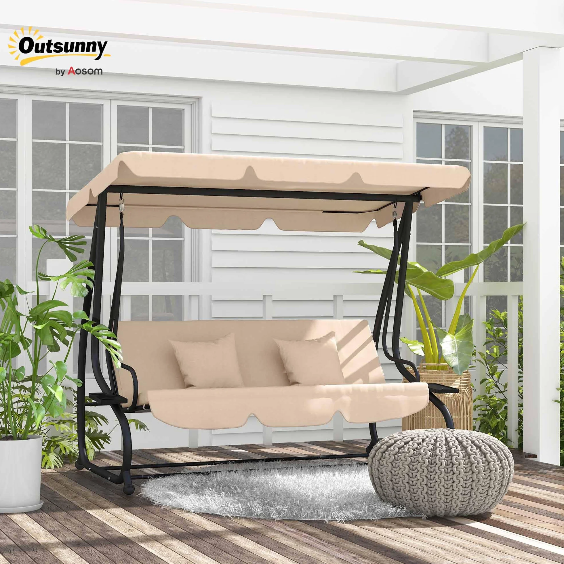 Outsunny Balancelle de Jardin 3 Places Convertible Toit Inclinaison réglable Métal Noir Polyester