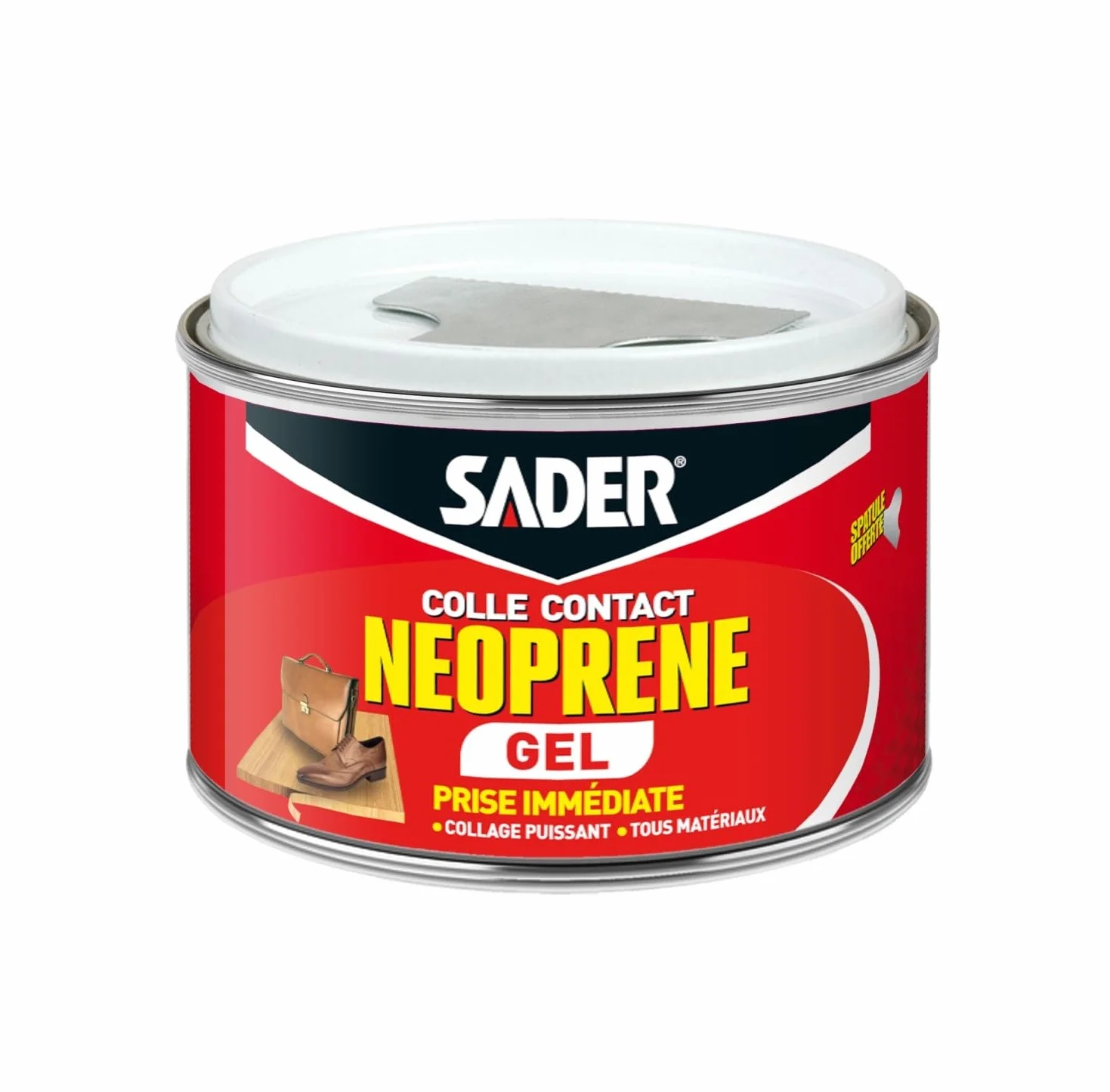 Sader Colle Contact Néoprène Gel – Colle Extra Forte Tous Matériaux – Prise Immédiate – Idéale pour Supports Poreux ou Verticaux – Spatule Incluse – Boîte de 250 ml