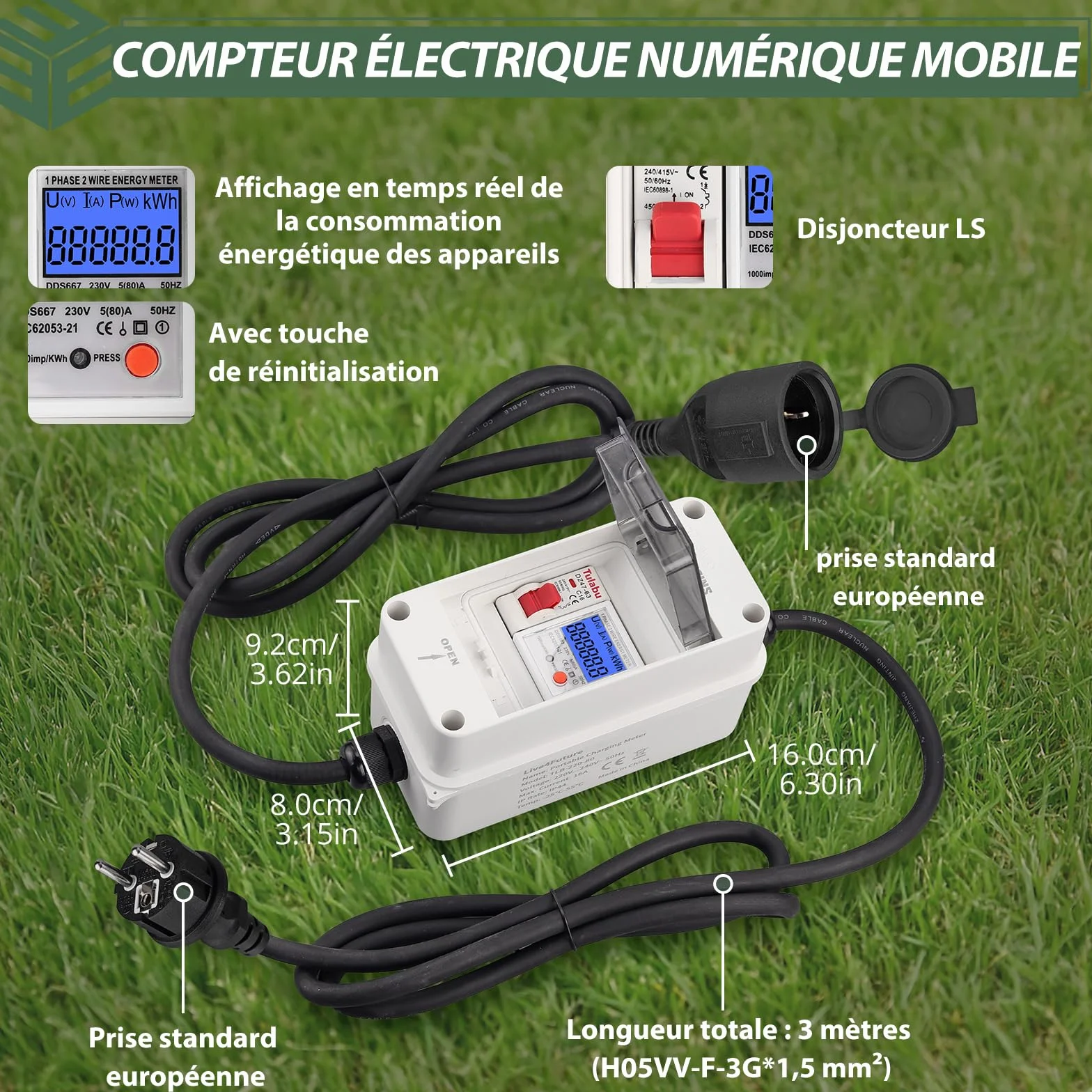 EYPINS Compteur d'Énergie Portable Étanche IP65 avec Interrupteur Wattmètre de Prise avec Mémoire,Surveillance Temps Réel 80A 3680W,Câbles 2x1.5m H07RN-F VDE pour Camping-Car,Maison,Extérieur