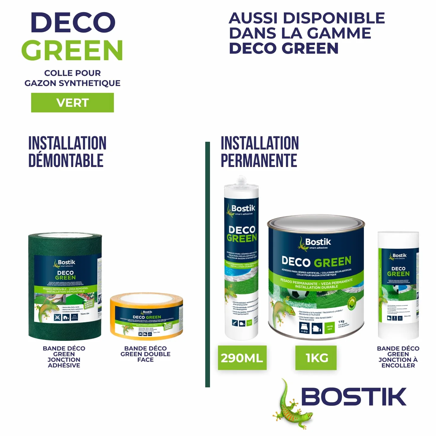 Bostik Colle Déco Green - Colle pour Gazon Synthétique Haute Durabilité – Tous Matériaux – Intérieur/Extérieur – Technologie MSP – Couleur : Vert – Fixation Discrète – Pot de 1 kg