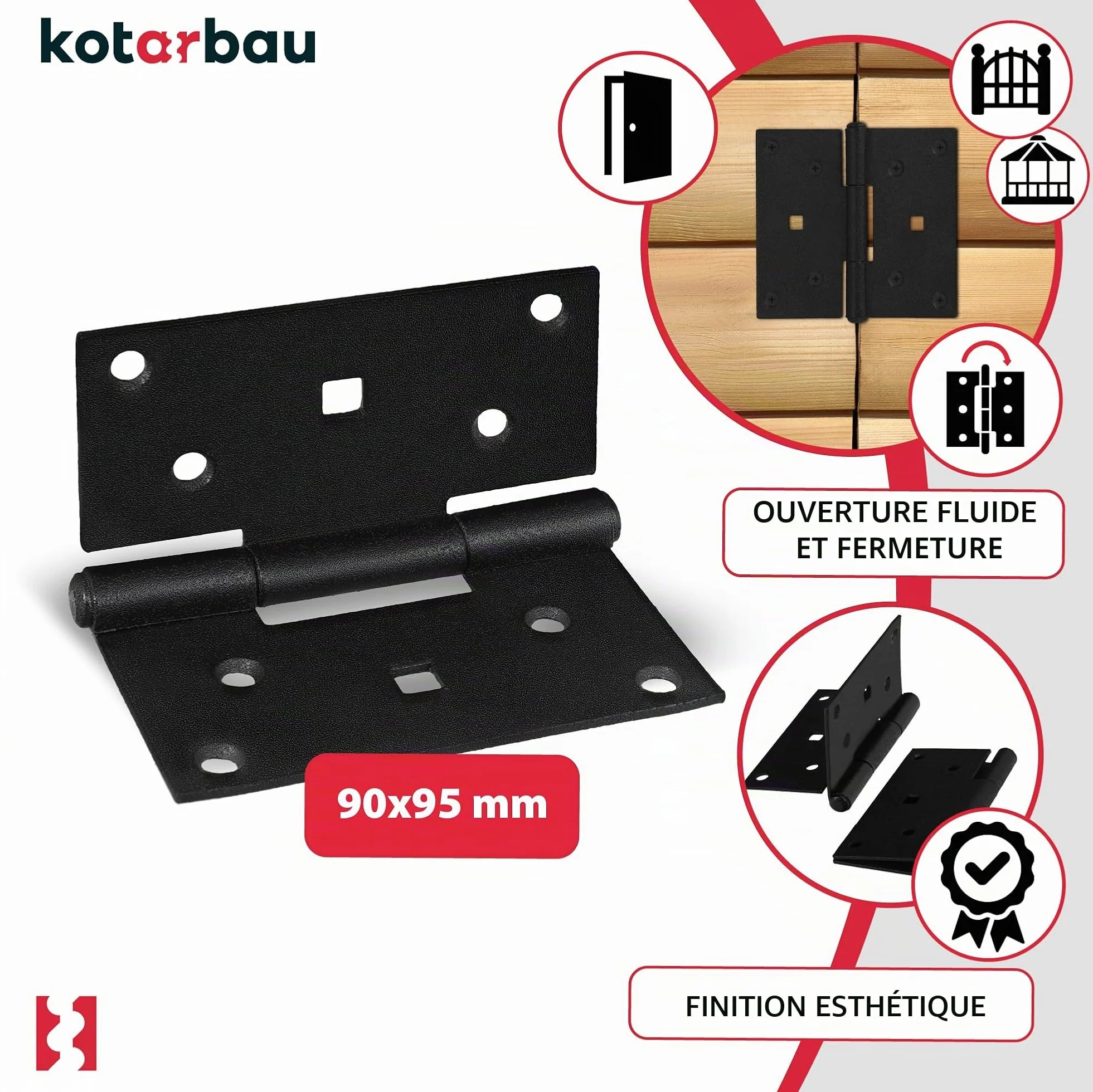 KOTARBAU® 2 x Charnière INOX à congé Chantier 90x95mm en Acier Noir Peint par pulvérisation| Charniere Porte Lourde |Charniere INOX |Charnières de Portes |Charniere Plate |Charnieres |Charnière Porte