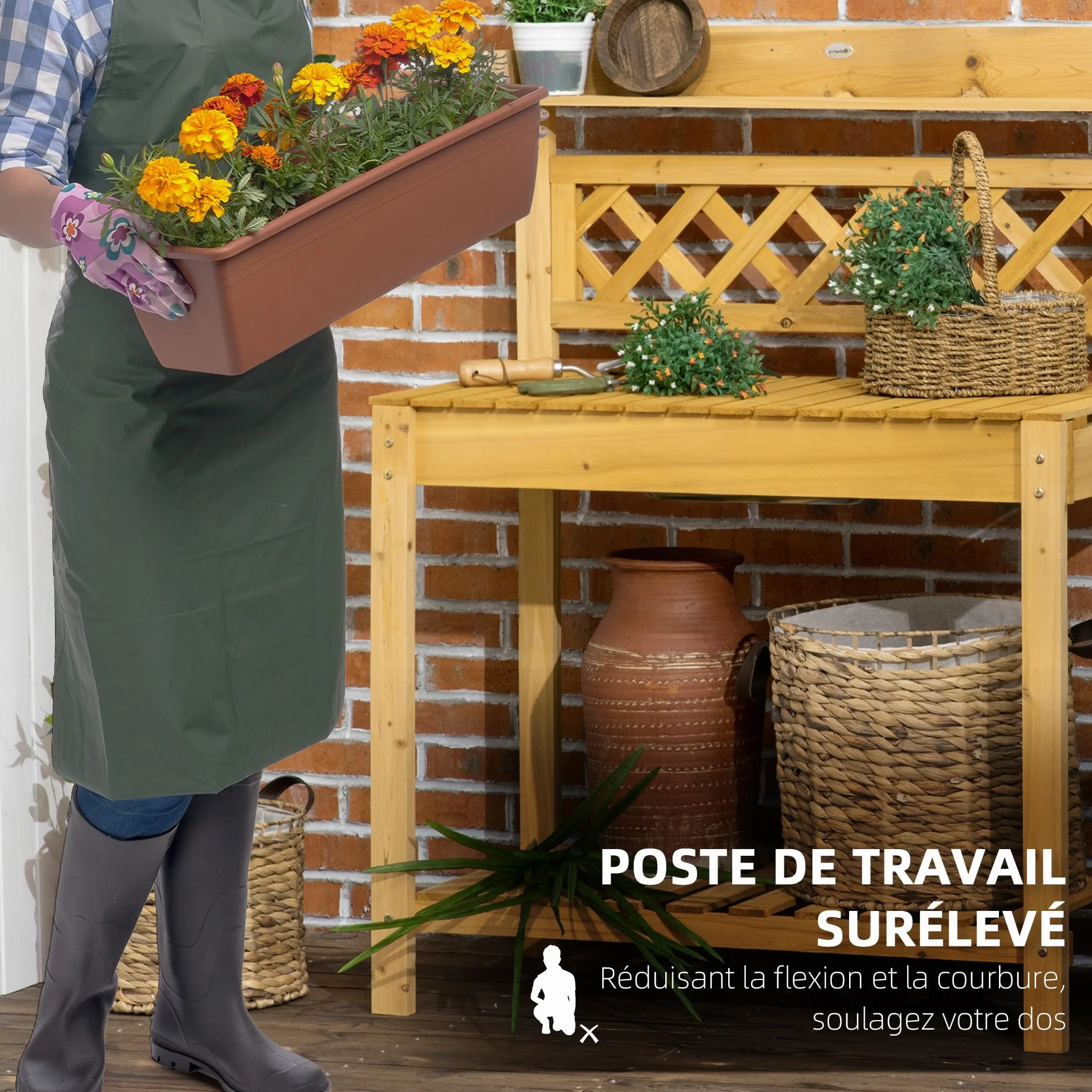 Outsunny Table de rempotage en Bois avec évier coulissant 2 étagères 92 x 45 x 120 cm
