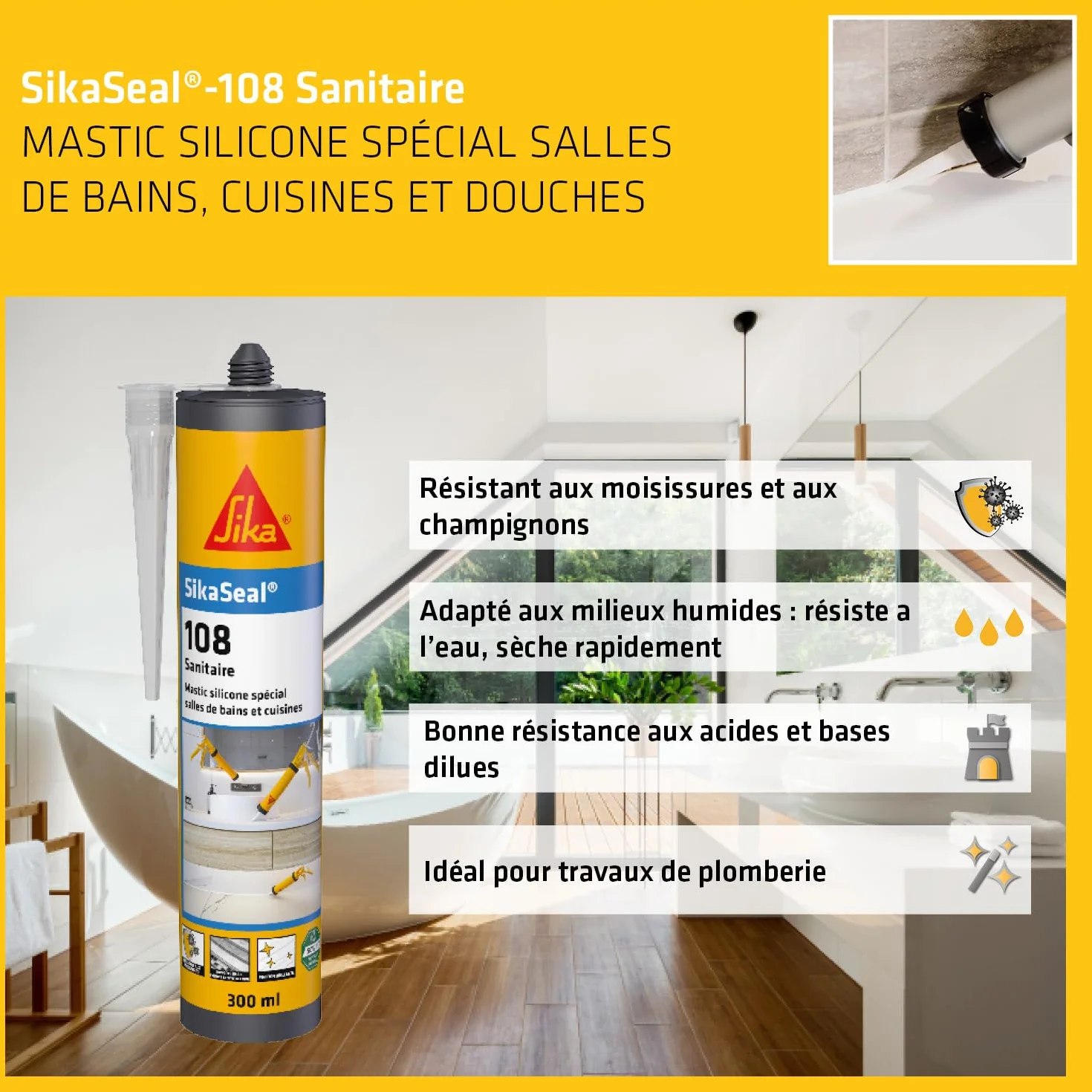 SIKA - Mastic Cuisine & Salle de Bain Anti-Moisissures - SikaSeal 108 Sanitaire Transparent - Joints silicone sanitaire longue durabilité sur multi-supports -Idéal pour travaux de plomberie - 300ml
