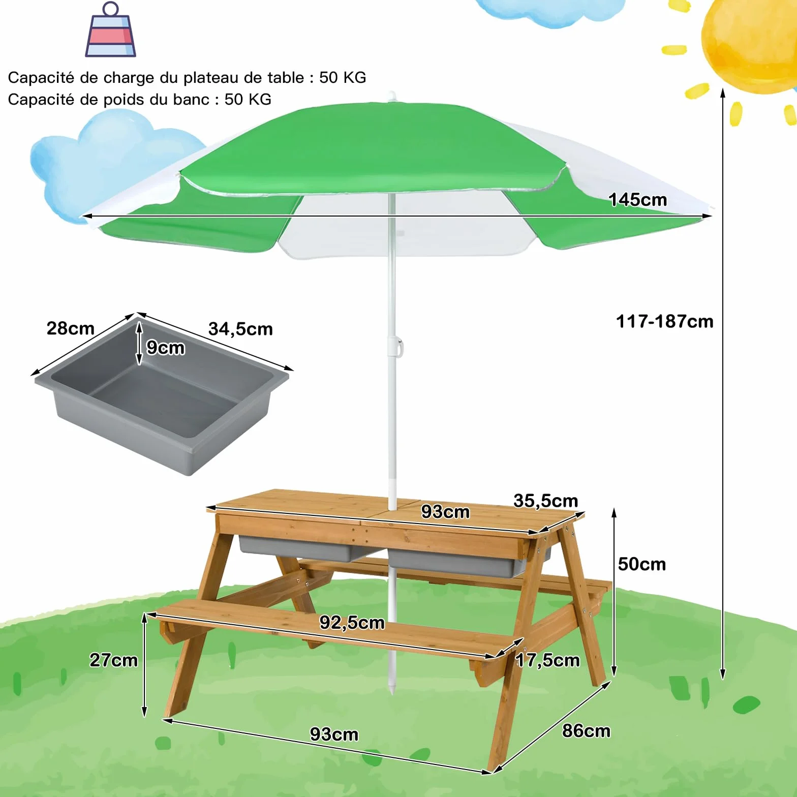 COSTWAY 3 en 1 Table de Pique-Nique Enfants avec Parasol Amovible, Table de Jardin, 2 Boîtes Sable & Eau, Charge 50kg