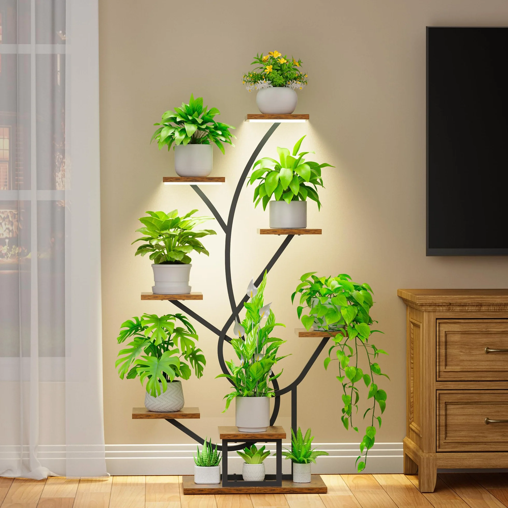 BACEKOLL Support pour plantes avec lumière de croissance 126 cm Métal Bois Noir Étagère à plantes