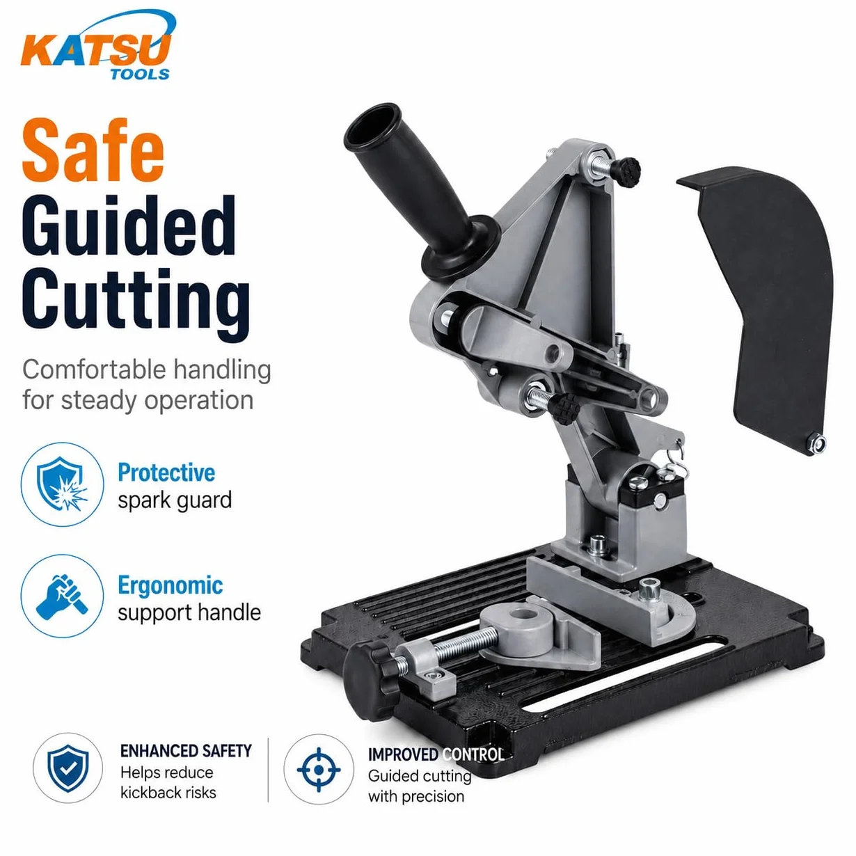 KATSU Support pour Meuleuse d'Angle - Ø 100mm à 125mm Base en Fonte Robuste de Support de Tronçonnage pour Meuleuse électrique avec 11 Disques de Coupe en Bois et en Acier 105422