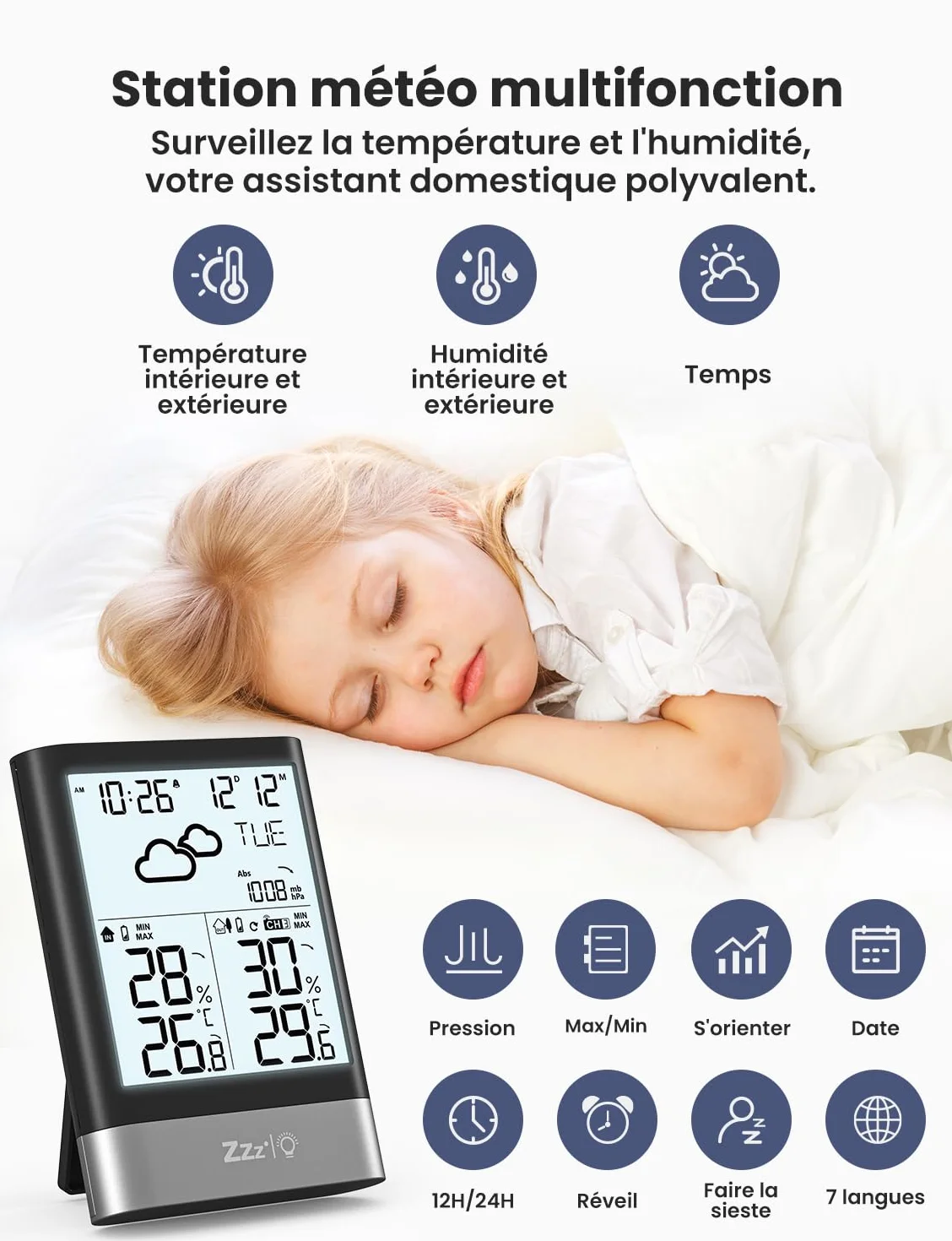 LIORQUE Station Météo Sans Fil avec Capteur Thermomètre Hygromètre Baromètre Extérieure LCD Horloge Alarme Snooze