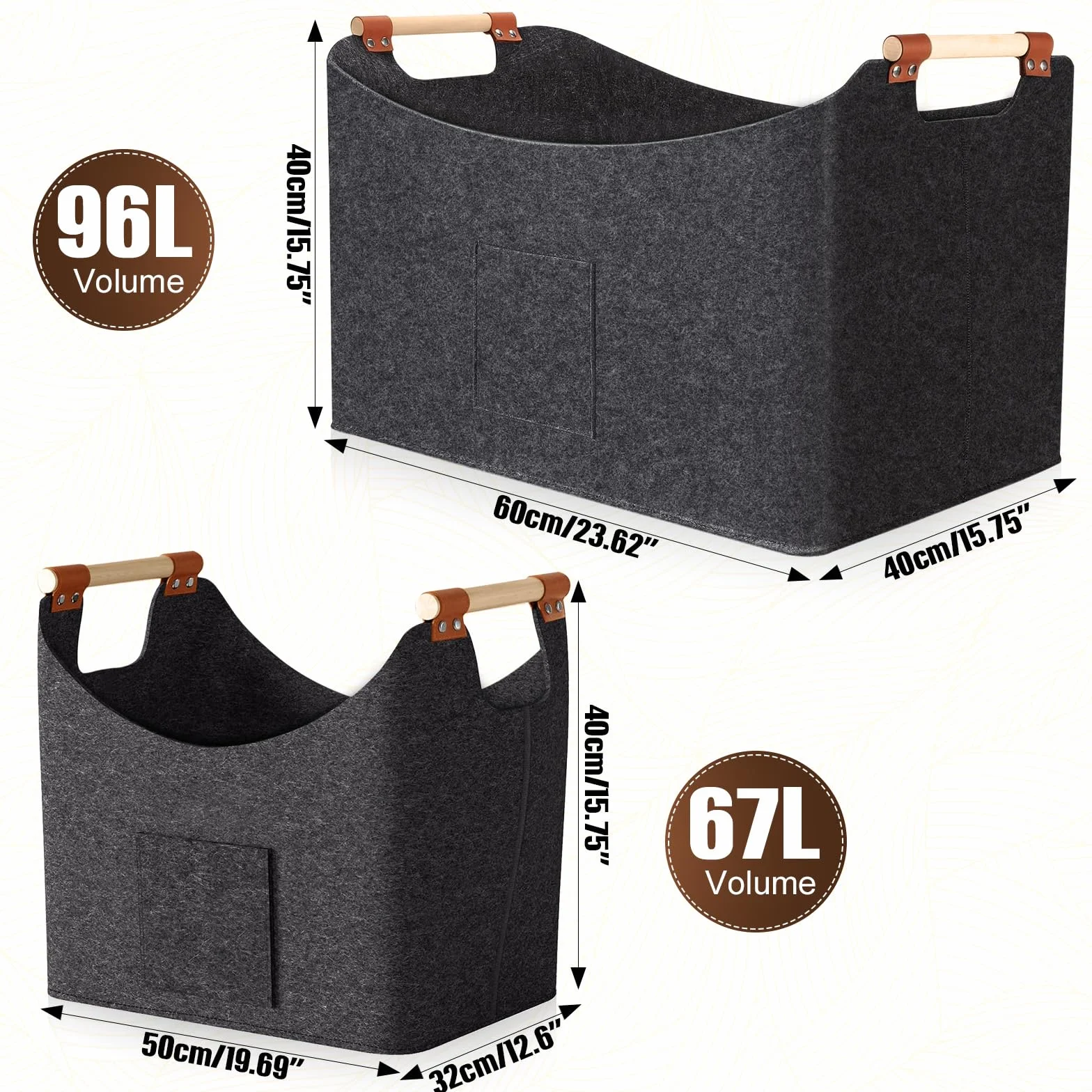 Panier à Bois de Chauffage 2 Pièces 67L & 96L – Panier en Feutre Pliable 50×32×40 cm & 60×40×40 cm