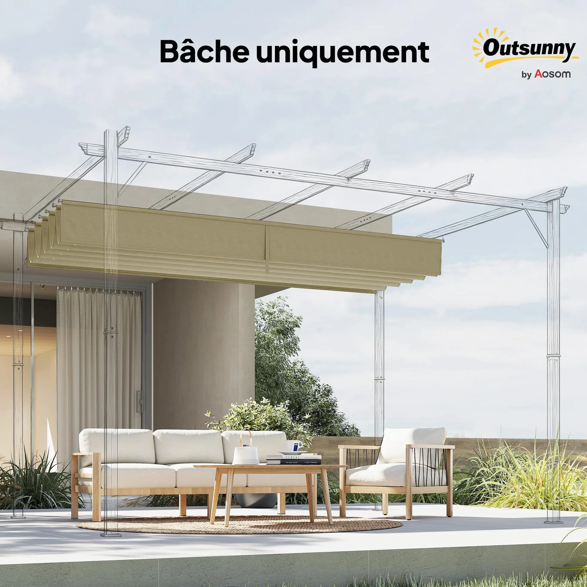 Outsunny Toile de Toit pour Pergola Tonnelle Rétractable 4 x 3 m 350 x 260 cm Beige
