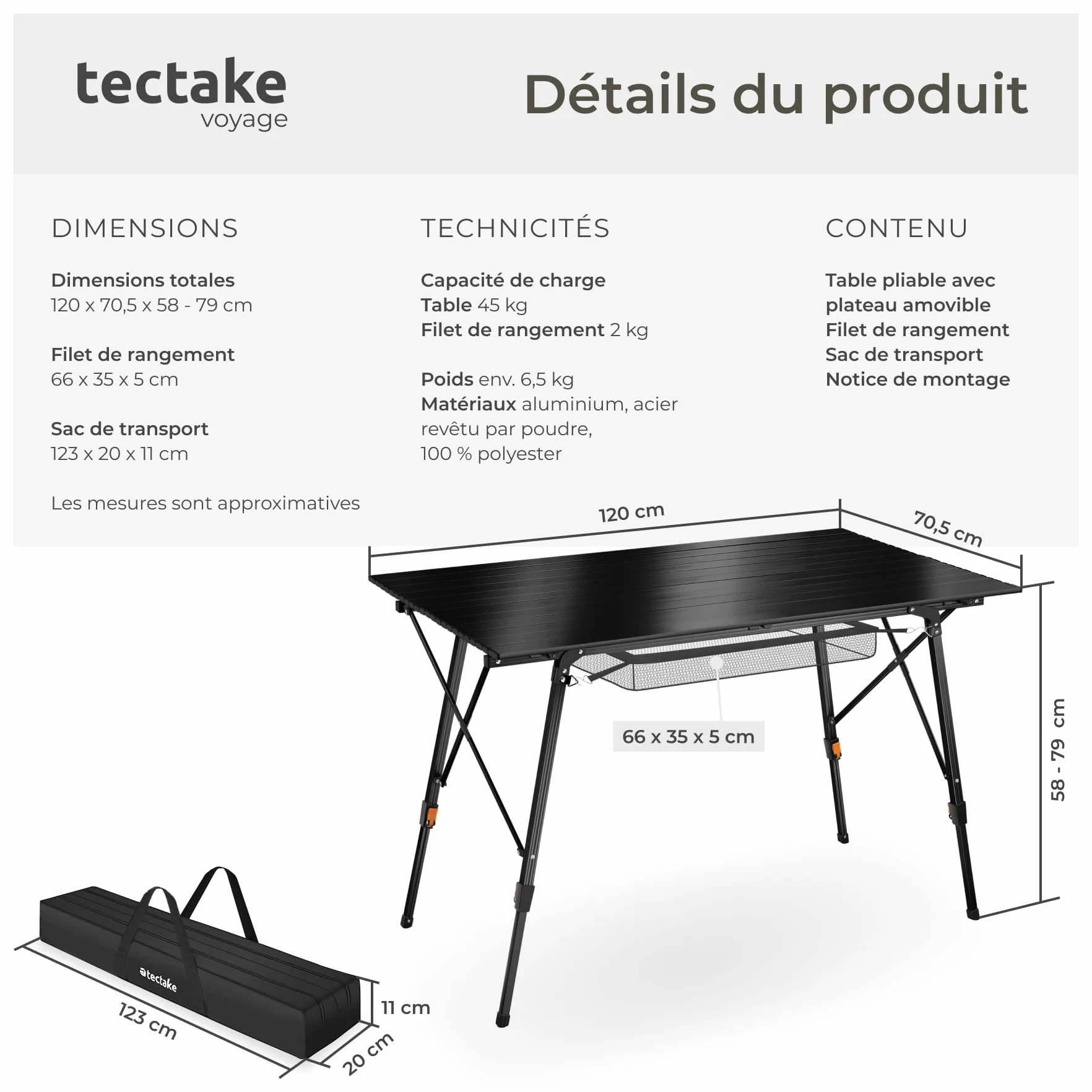 Tectake Table Pliante Aluminium 120x70,5x58-79 cm Réglable Hauteur Camping Pliable Noir