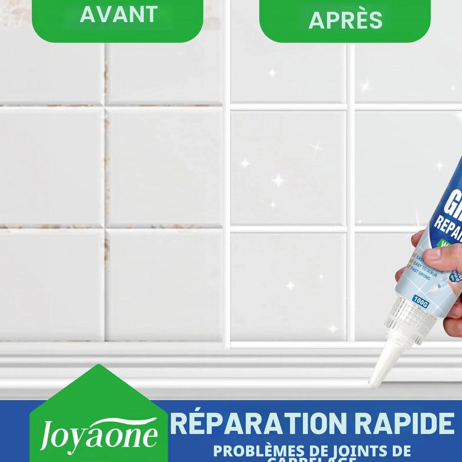 Kit de réparation de carrelage blanc à séchage rapide pour joints de salle de bain, douche, sols et murs (Blanc 100 g x 2)