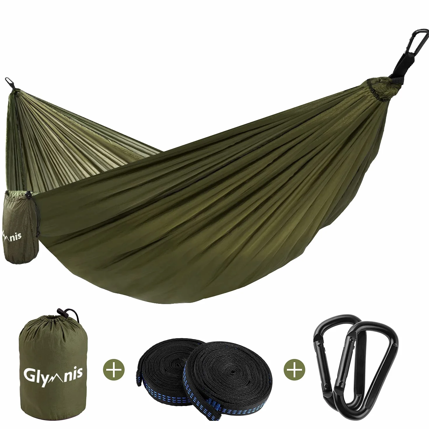 Hamac Ultra-léger en Nylon 300kg 300x200cm avec Sangles et Mousquetons pour Camping Voyage Exterieur Jardin Vert Armée