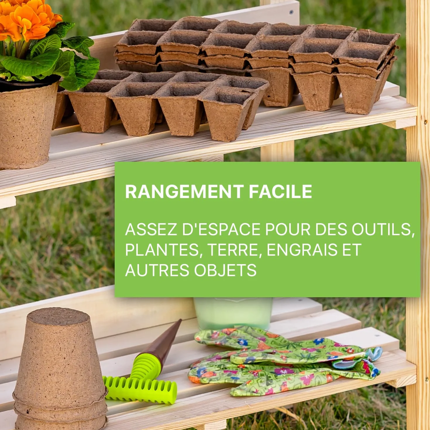 ITA Table de Plantation en Bois 76x38x89 cm avec Plan de Travail galvanisé et étagère inférieure 3 étages