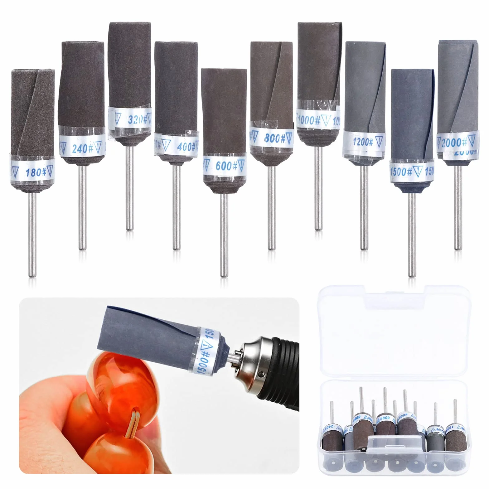 Glarks Lot de 10 tambours de ponçage, manchons de ponçage, points de meulage abrasifs, embouts de polissage cylindriques pour outil rotatif 180/240/320/400/600/800/1000/1200/1500/2000